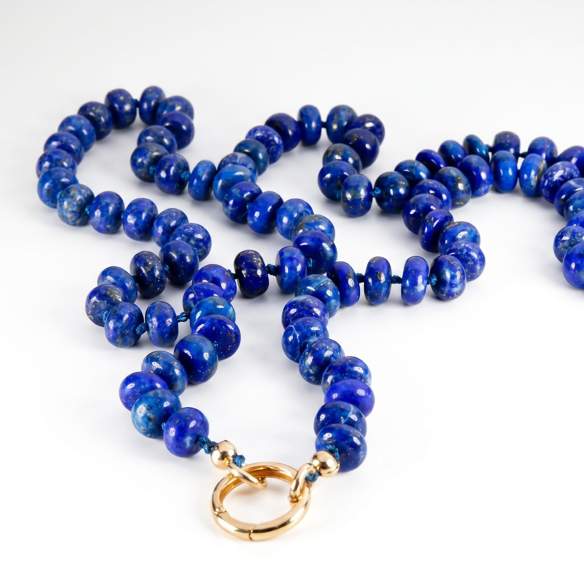 Lapis Lazuli Necklace, Silk Hand Knotted Gemstone Strand with Gold Filled Charm Holder Clasp, 18 Inch