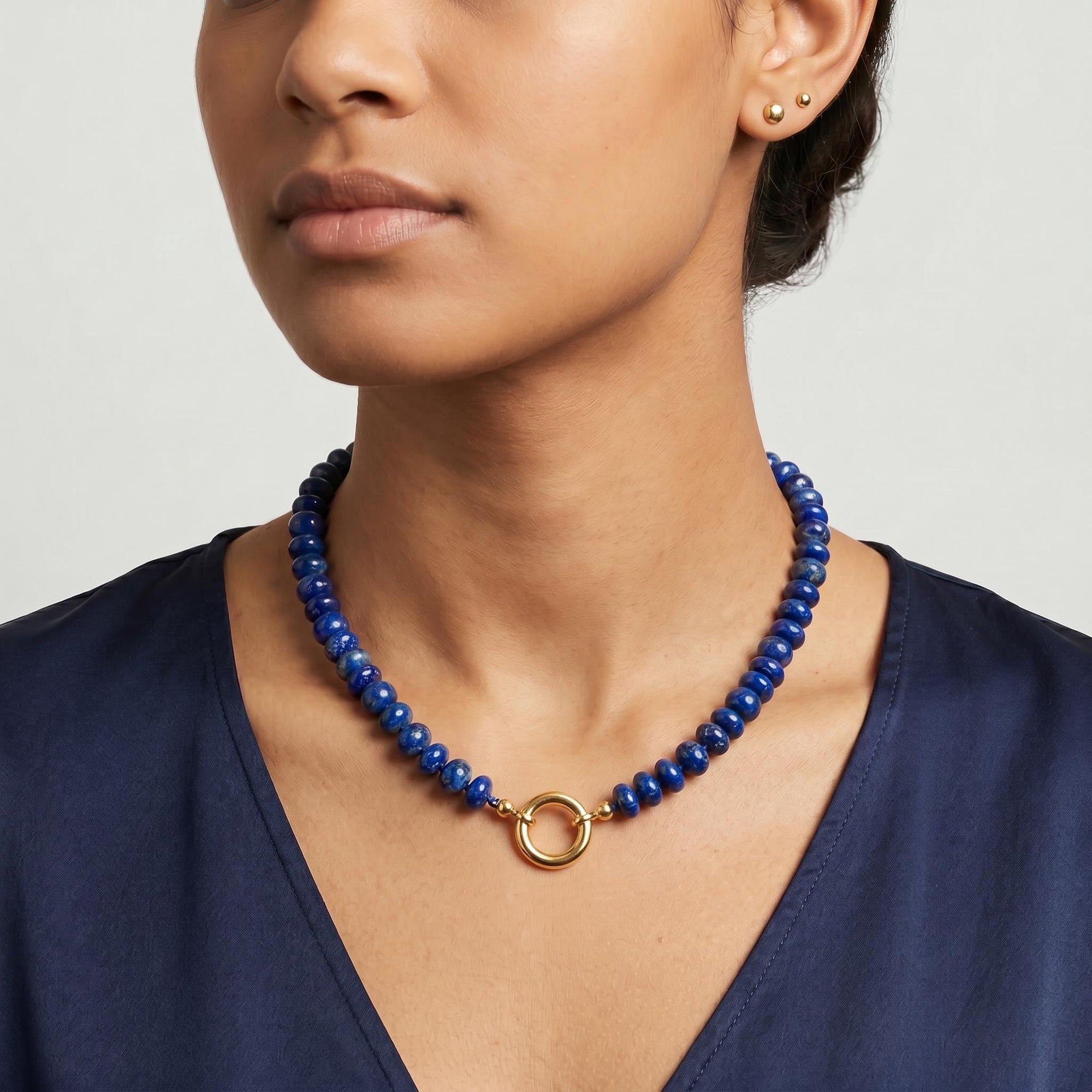 Lapis Lazuli Necklace, Silk Hand Knotted Gemstone Strand with Gold Filled Charm Holder Clasp, 18 Inch