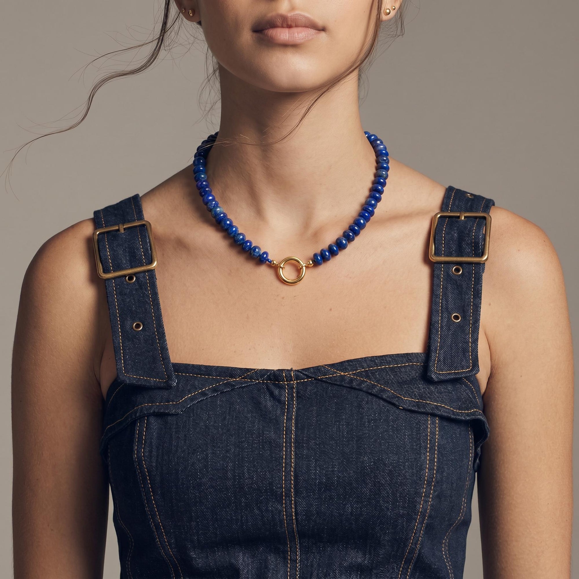 Lapis Lazuli Necklace, Silk Hand Knotted Gemstone Strand with Gold Filled Charm Holder Clasp, 18 Inch