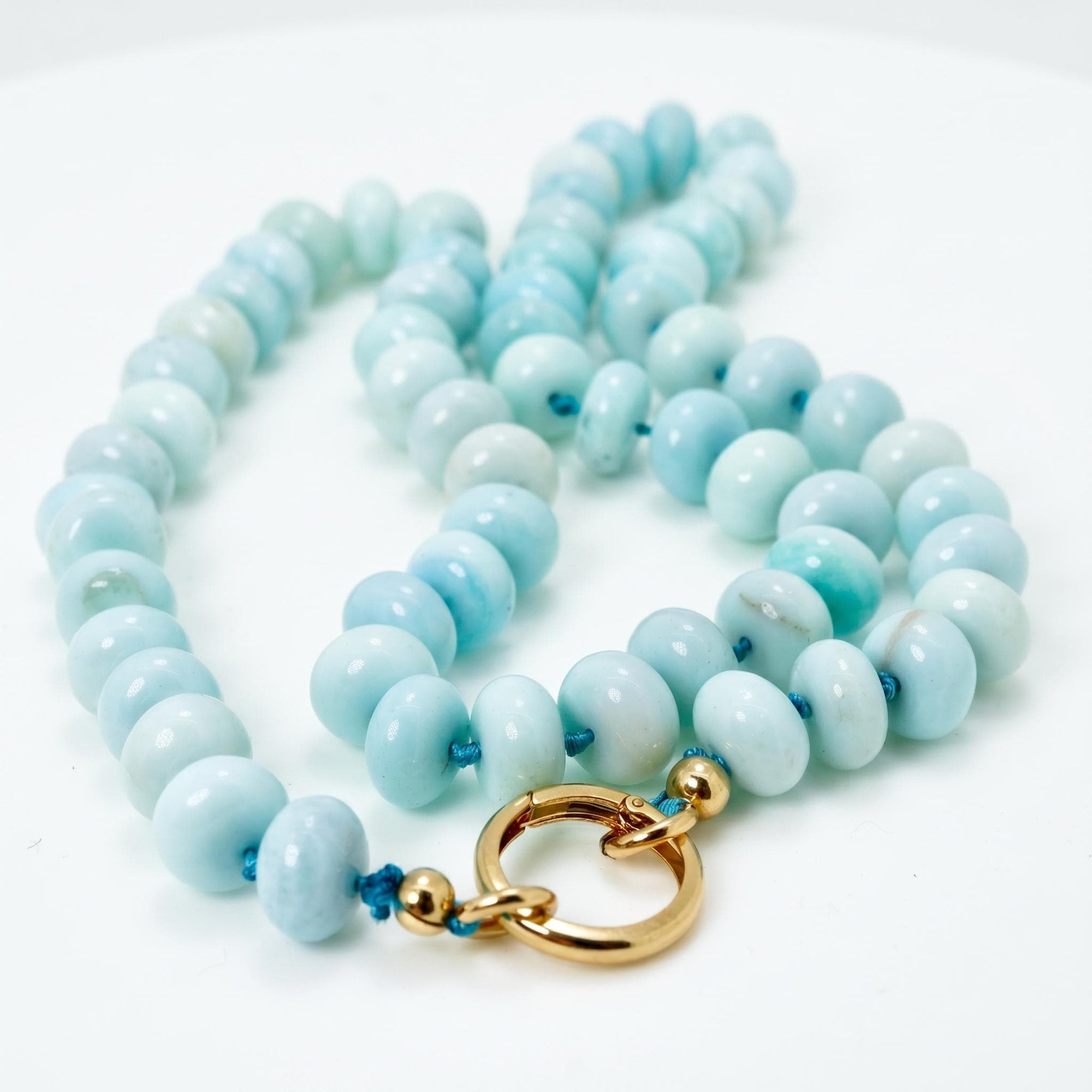 Blue Opal Gemstone Necklace, Rondelle Beads on Silk, Hand Knotted Strand with Gold Filled Charm Holder