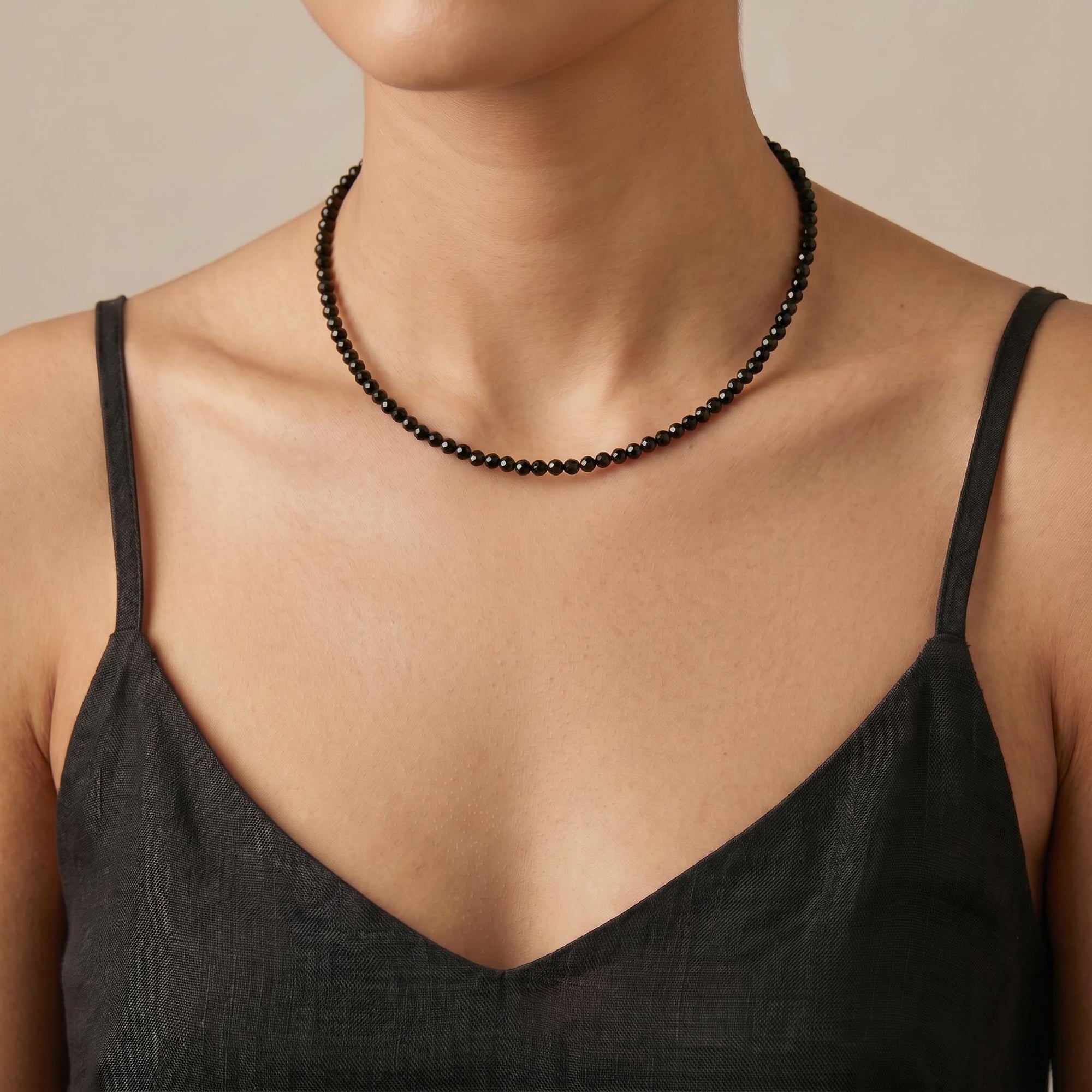 Black Spinel Bead Necklace, 2.5mm Faceted Round Gemstone Strand on Silk, Hand Knotted 17-19 Inch Necklace with Gold Filled Heart Extender
