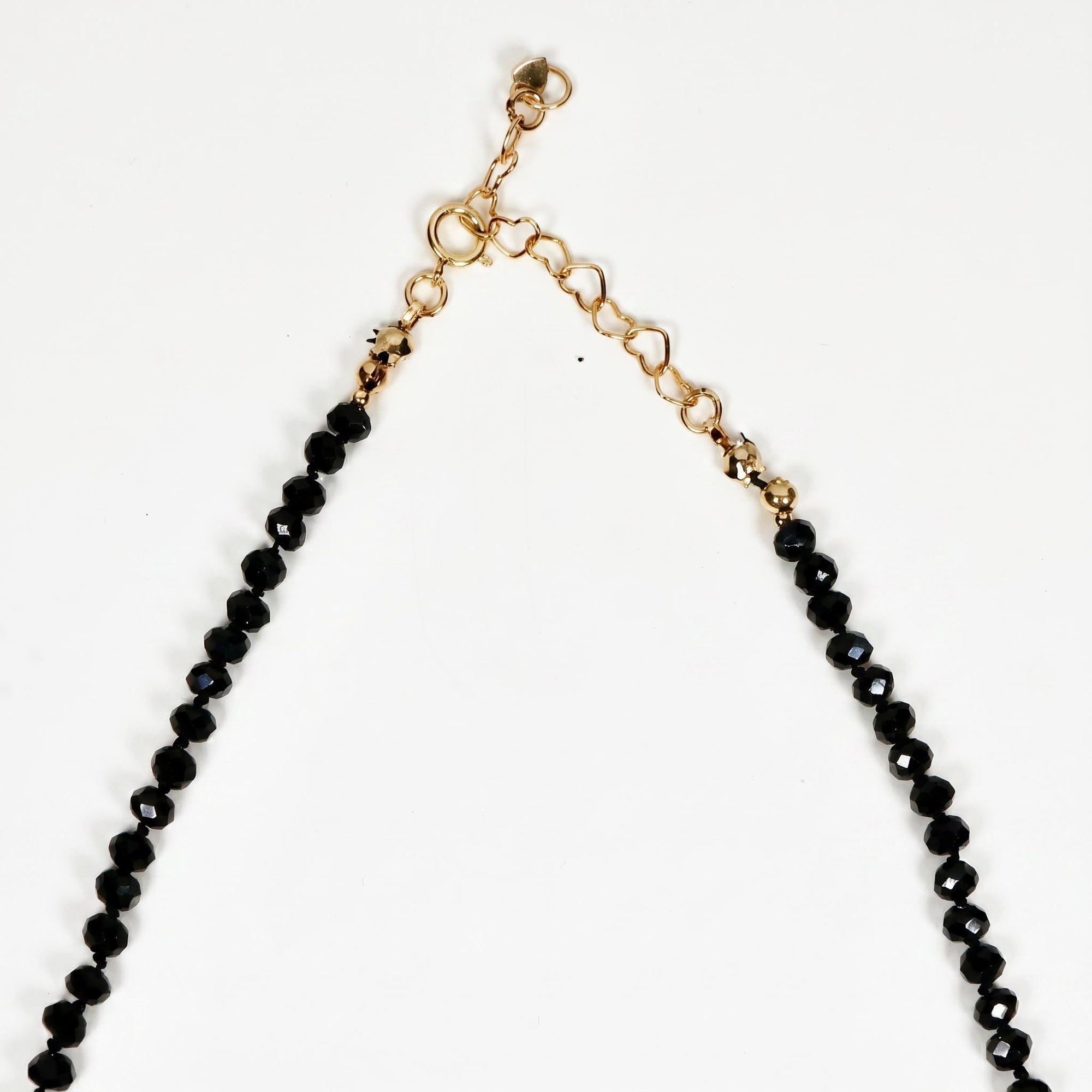 Black Spinel Bead Necklace, 2.5mm Faceted Round Gemstone Strand on Silk, Hand Knotted 17-19 Inch Necklace with Gold Filled Heart Extender