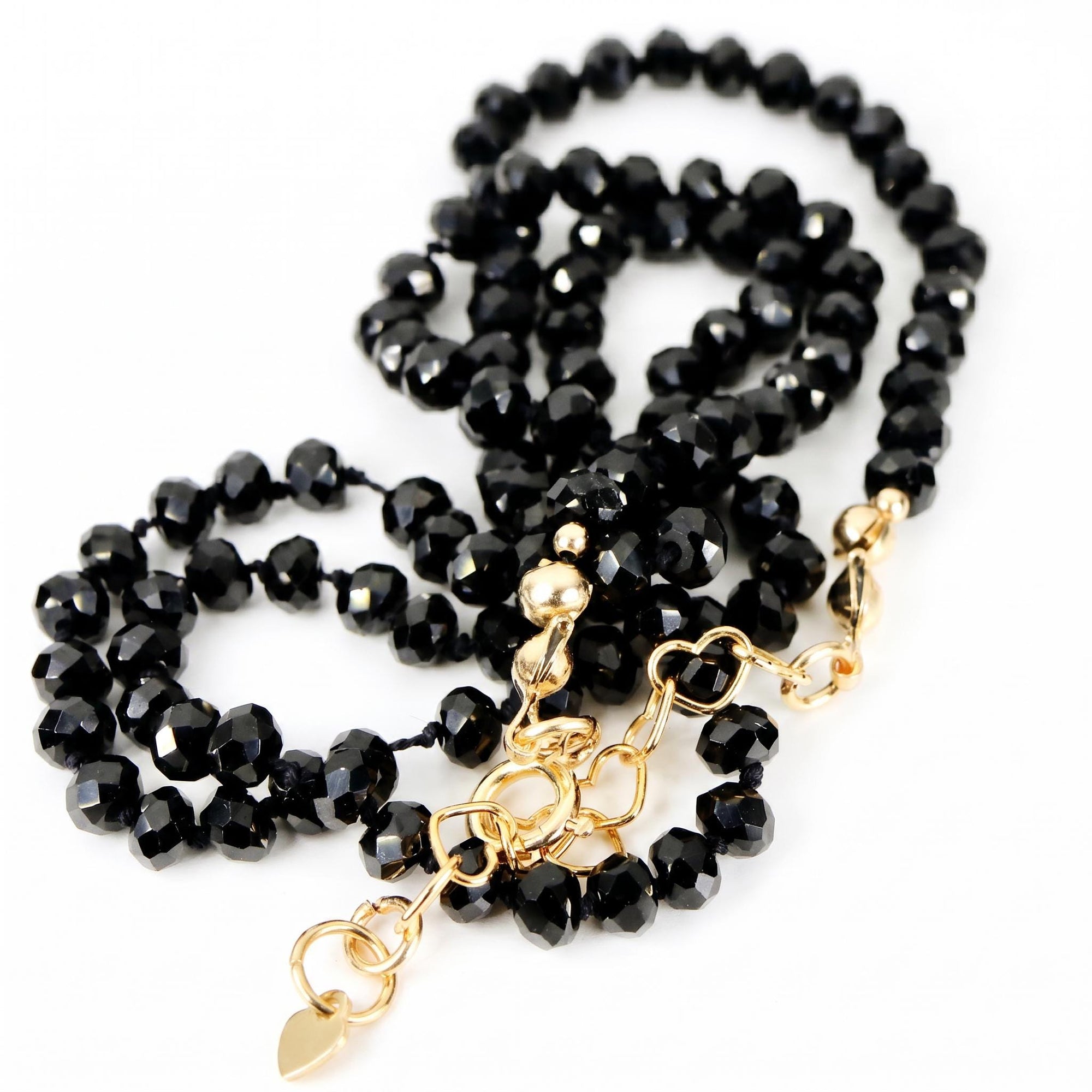 Black Spinel Bead Necklace, 2.5mm Faceted Round Gemstone Strand on Silk, Hand Knotted 17-19 Inch Necklace with Gold Filled Heart Extender