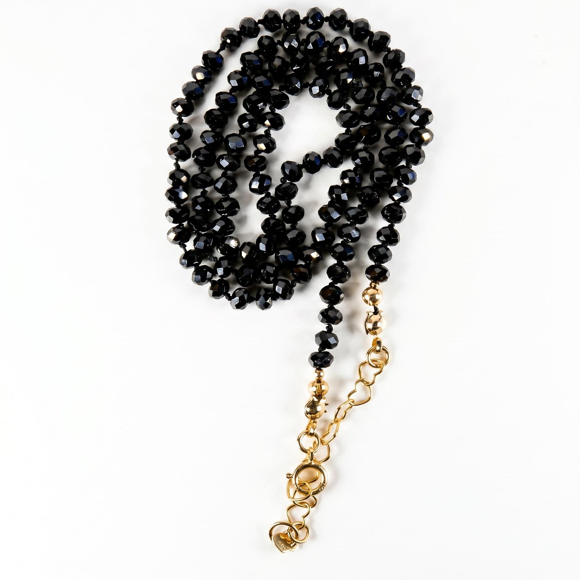 Black Spinel Bead Necklace, 2.5mm Faceted Round Gemstone Strand on Silk, Hand Knotted 17-19 Inch Necklace with Gold Filled Heart Extender