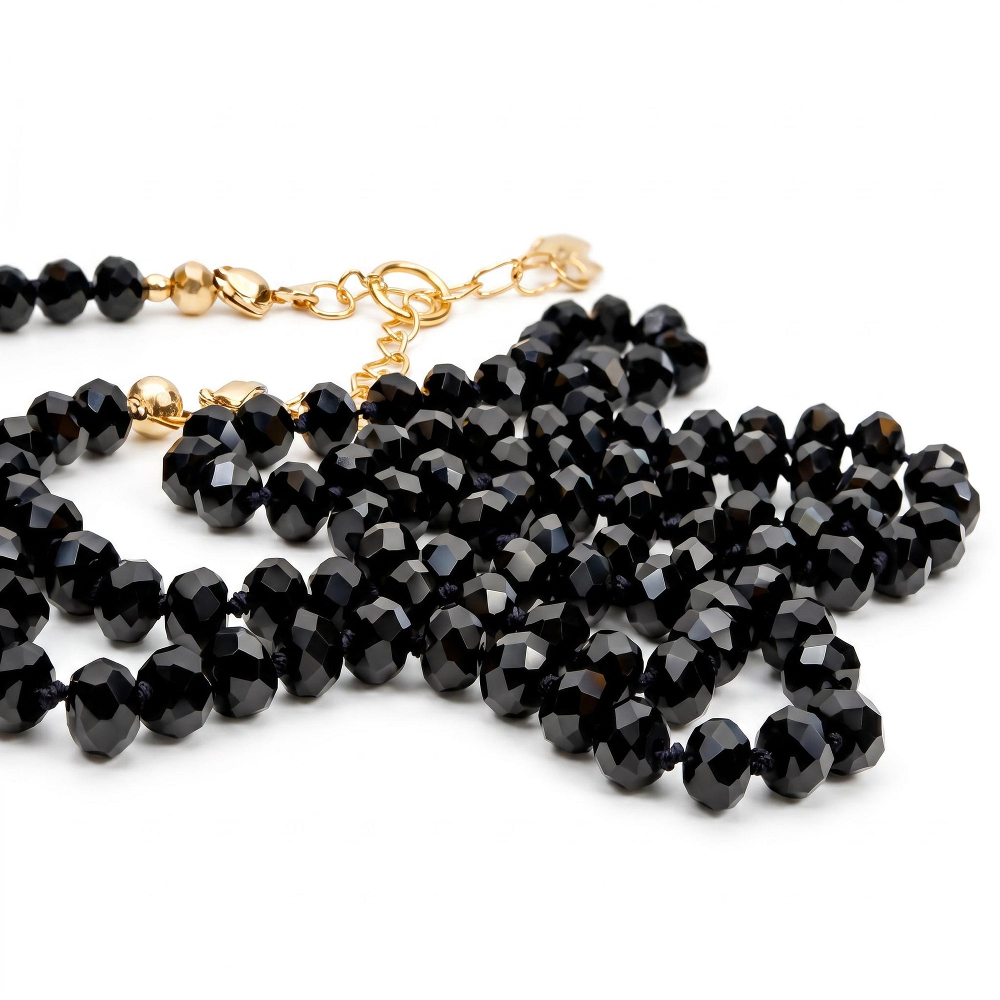 Black Spinel Bead Necklace, 2.5mm Faceted Round Gemstone Strand on Silk, Hand Knotted 17-19 Inch Necklace with Gold Filled Heart Extender