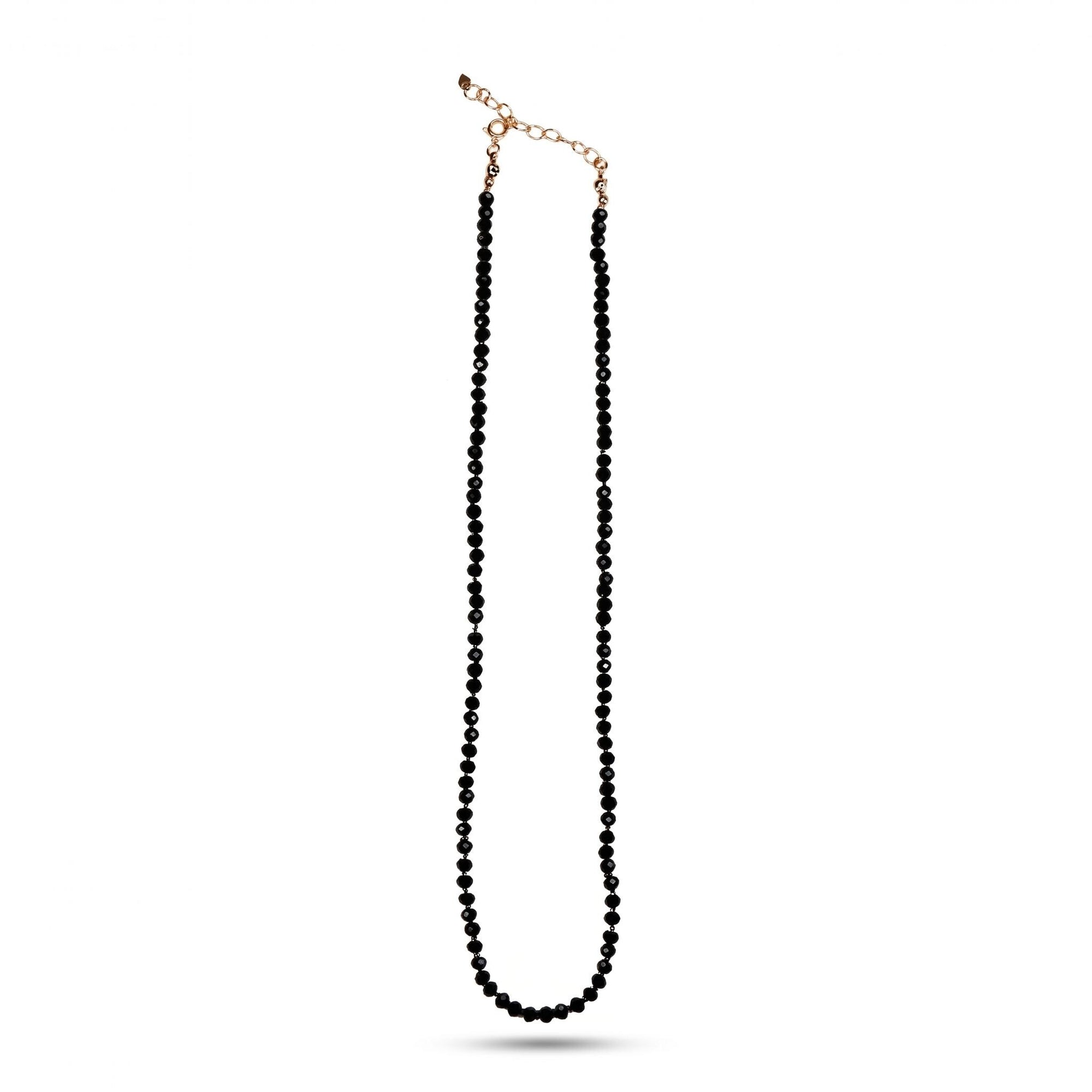 Black Spinel Bead Necklace, 2.5mm Faceted Round Gemstone Strand on Silk, Hand Knotted 17-19 Inch Necklace with Gold Filled Heart Extender