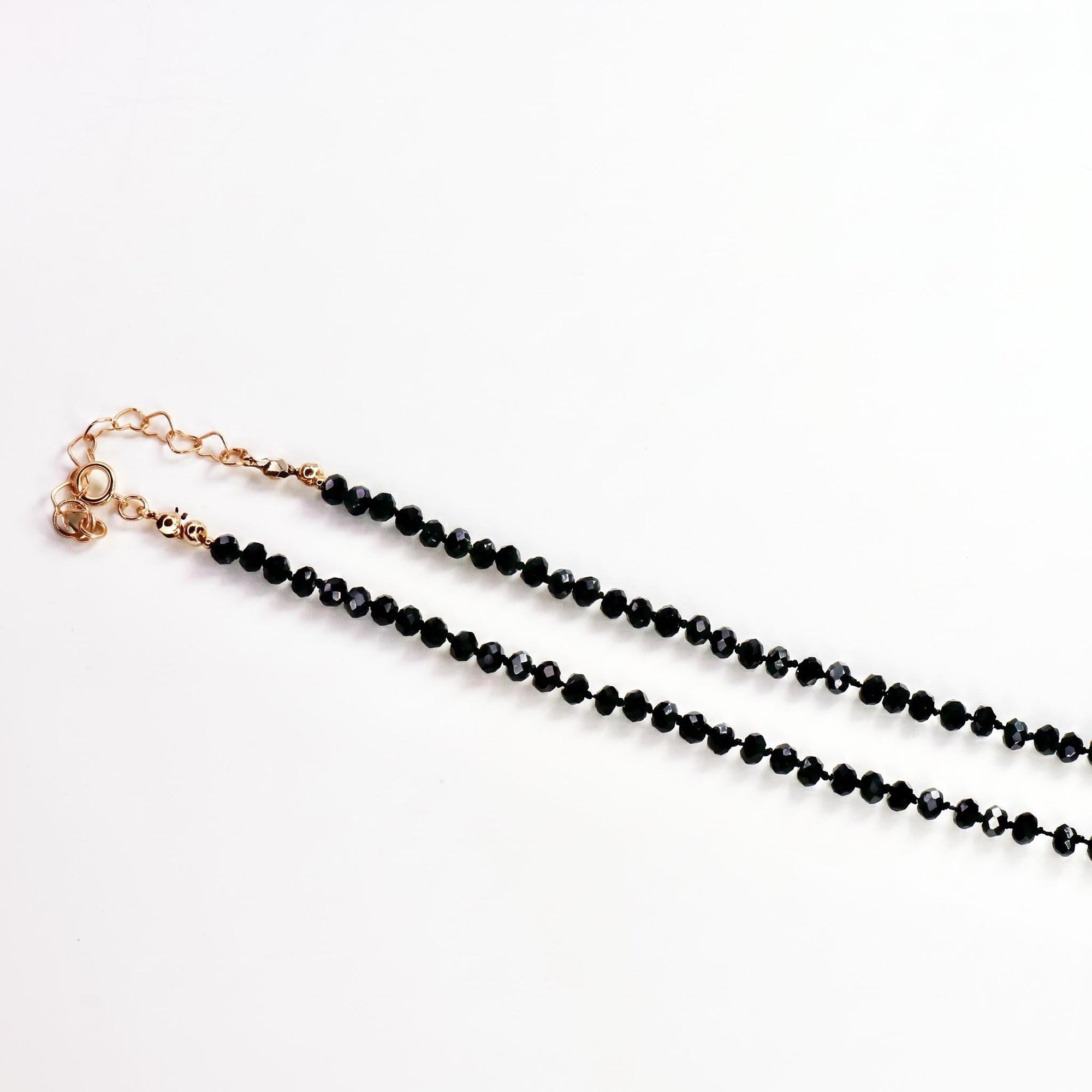 Black Spinel Bead Necklace, 2.5mm Faceted Round Gemstone Strand on Silk, Hand Knotted 17-19 Inch Necklace with Gold Filled Heart Extender
