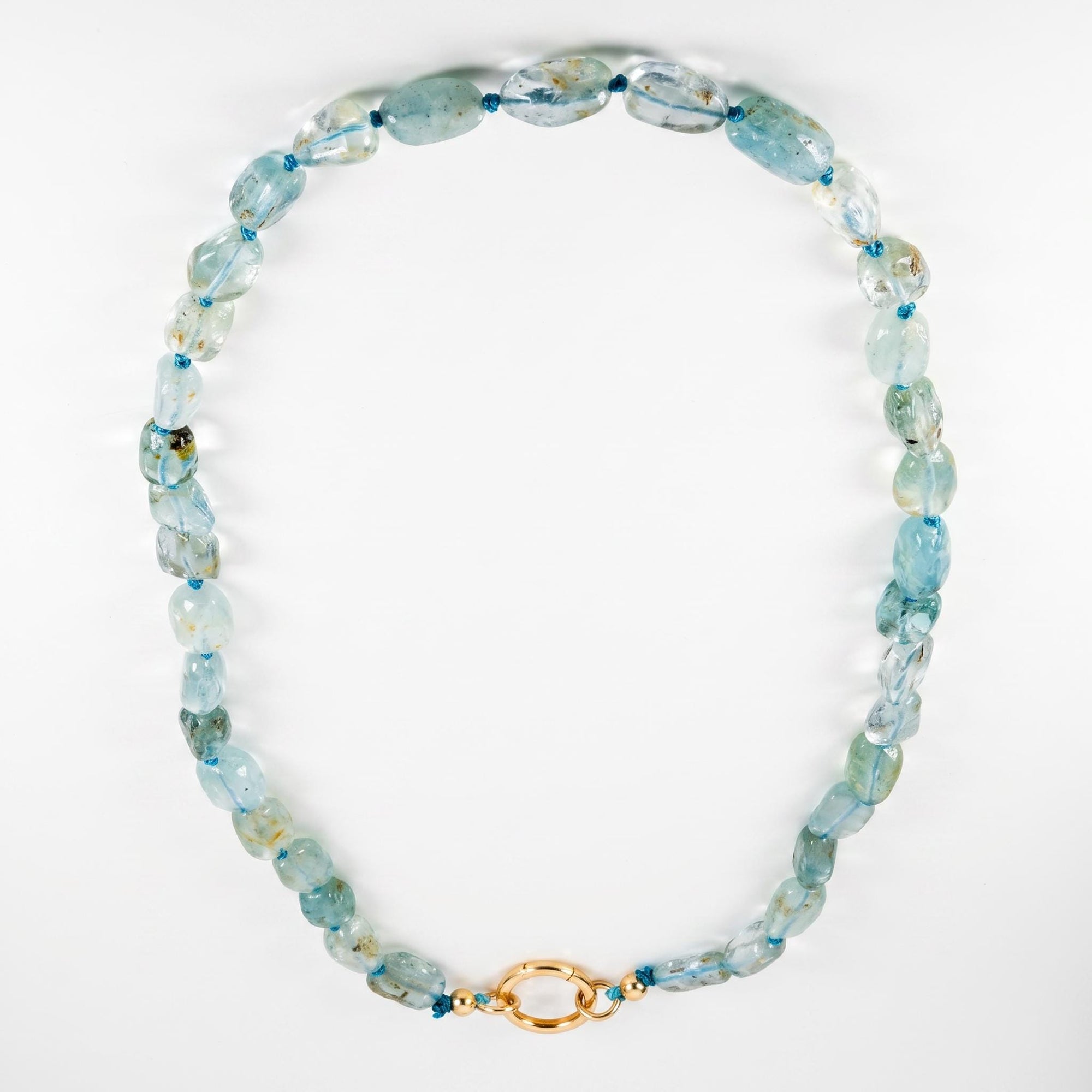 Moss Aquamarine Nugget Necklace, Irregular Smooth Gemstone Beads on Silk, Hand Knotted 18 Inch Strand with Gold Filled Charm Holder