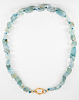 Moss Aquamarine Nugget Necklace, Irregular Smooth Gemstone Beads on Silk, Hand Knotted 18 Inch Strand with Gold Filled Charm Holder