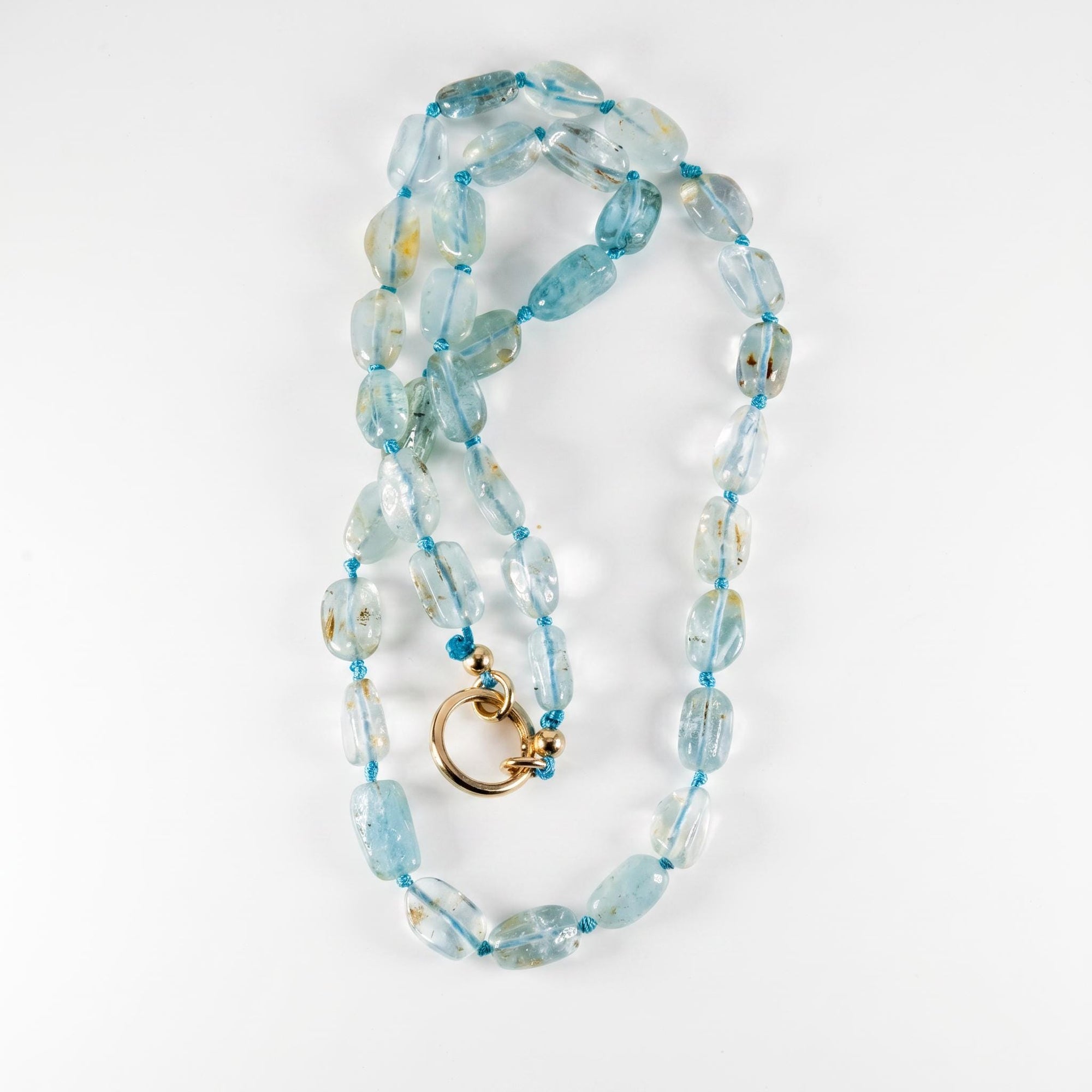 Moss Aquamarine Nugget Necklace, Irregular Smooth Gemstone Beads on Silk, Hand Knotted 18 Inch Strand with Gold Filled Charm Holder