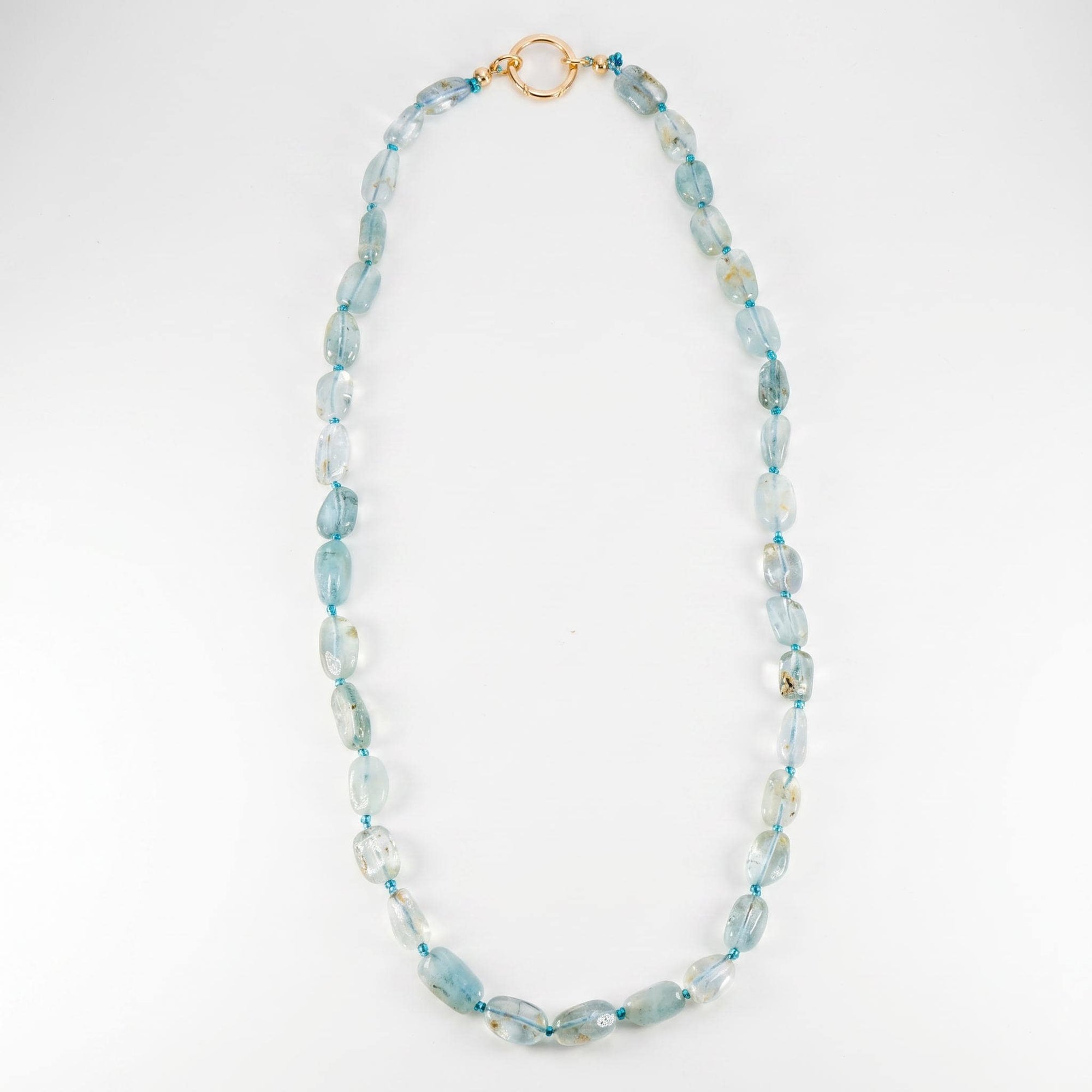 Moss Aquamarine Nugget Necklace, Irregular Smooth Gemstone Beads on Silk, Hand Knotted 18 Inch Strand with Gold Filled Charm Holder