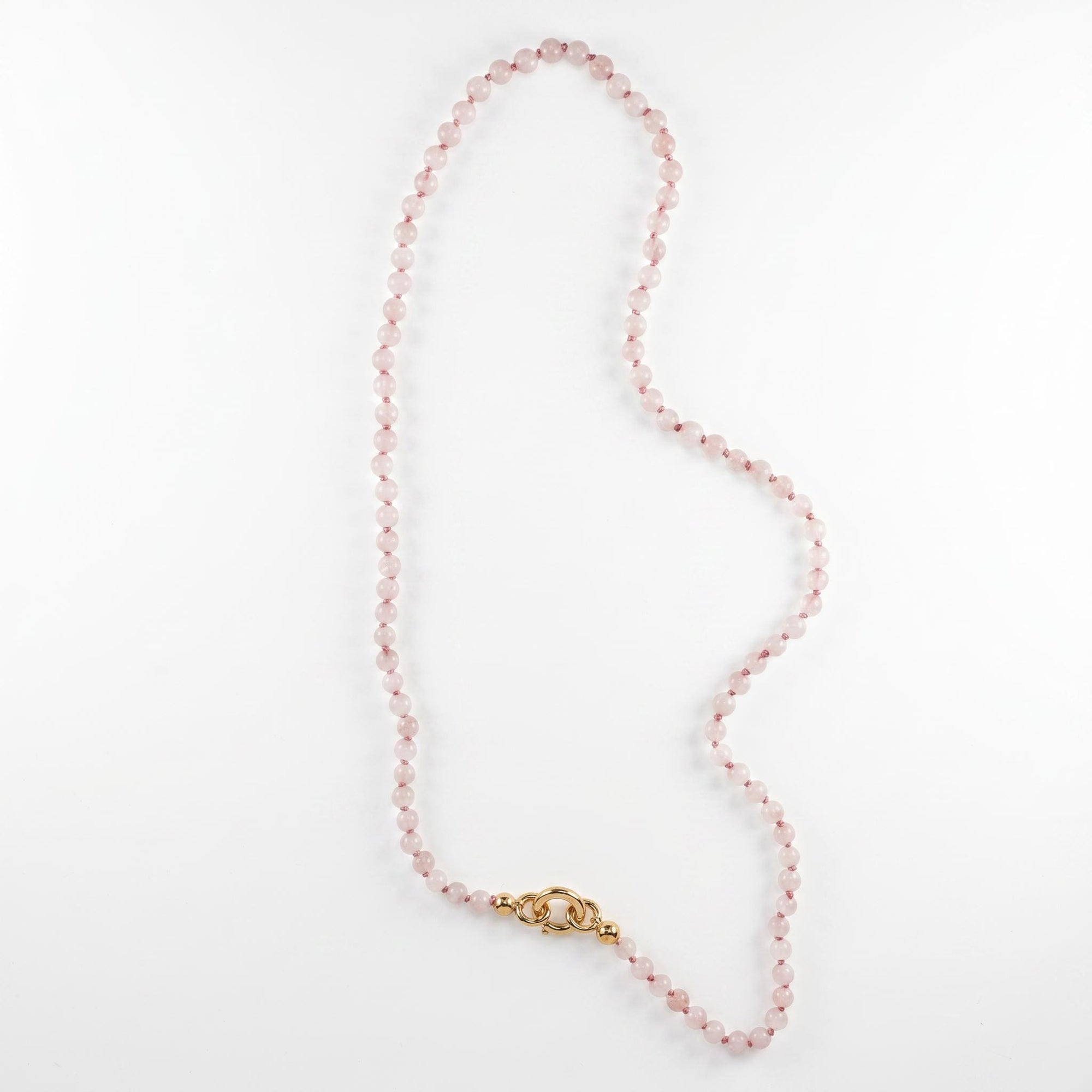 Pink Quartz Charm Holder Necklace, 4mm Smooth Round Gemstone Strand on Silk, Hand Knotted 18 Inch Necklace with Gold Filled Clip