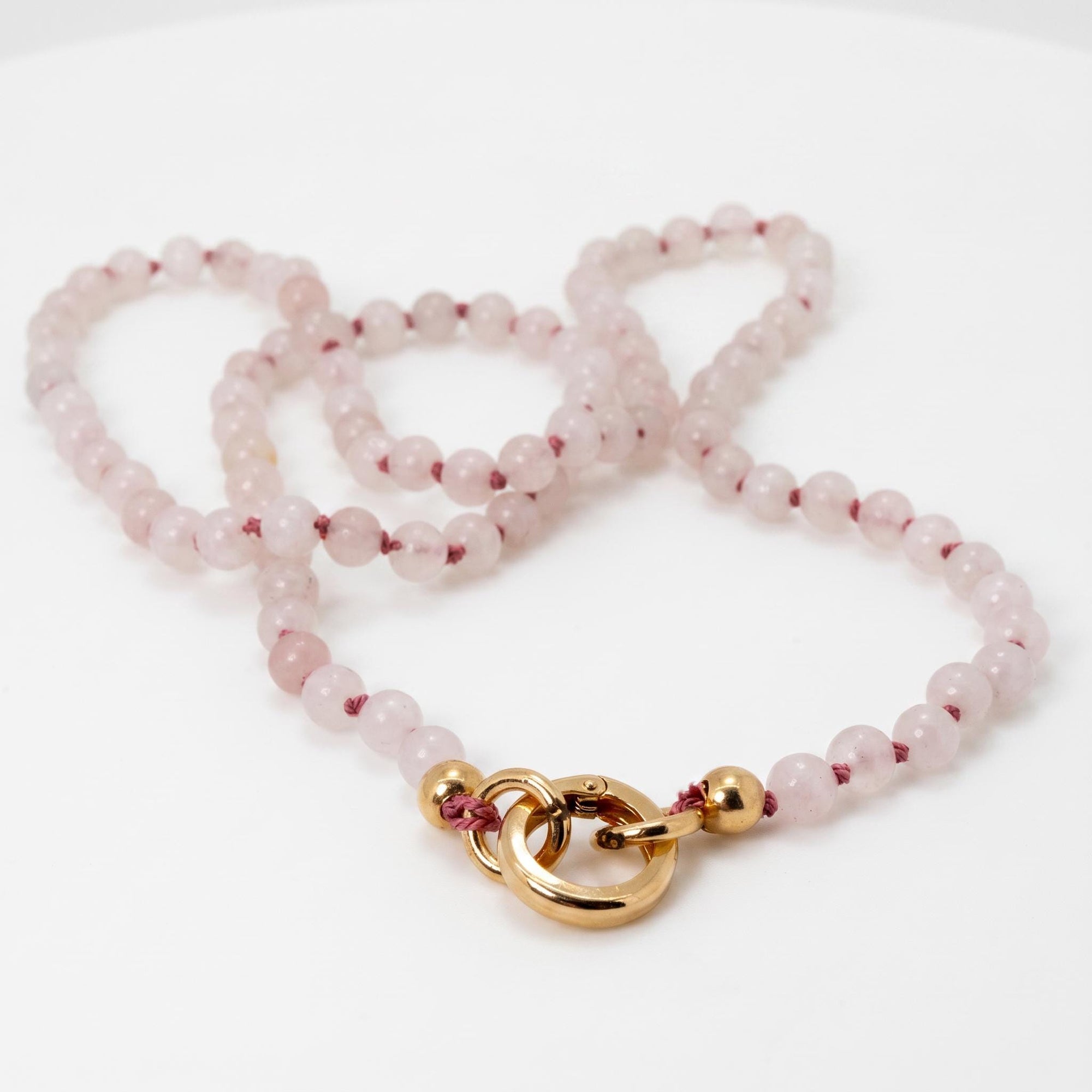 Pink Quartz Charm Holder Necklace, 4mm Smooth Round Gemstone Strand on Silk, Hand Knotted 18 Inch Necklace with Gold Filled Clip