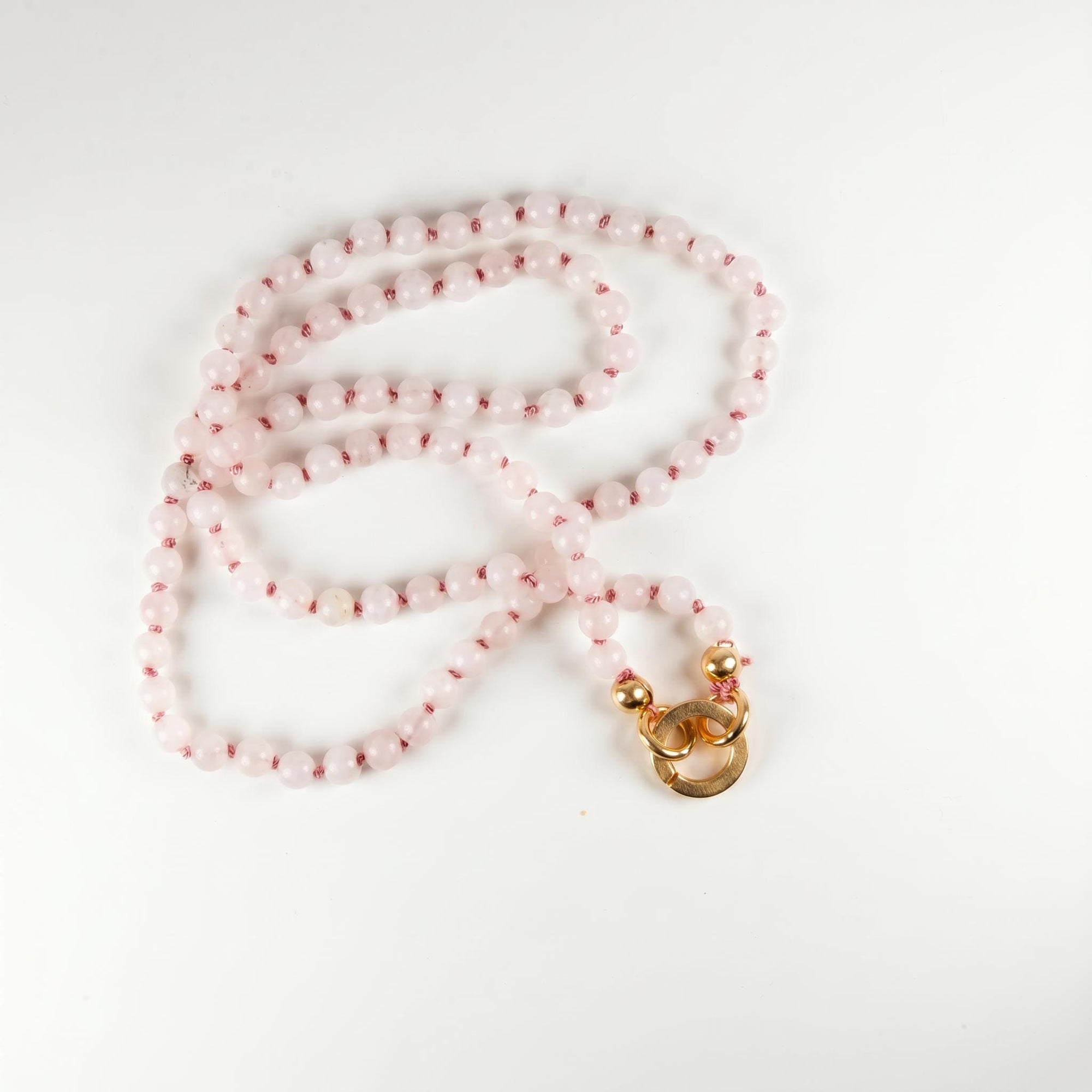 Pink Quartz Charm Holder Necklace, 4mm Smooth Round Gemstone Strand on Silk, Hand Knotted 18 Inch Necklace with Gold Filled Clip