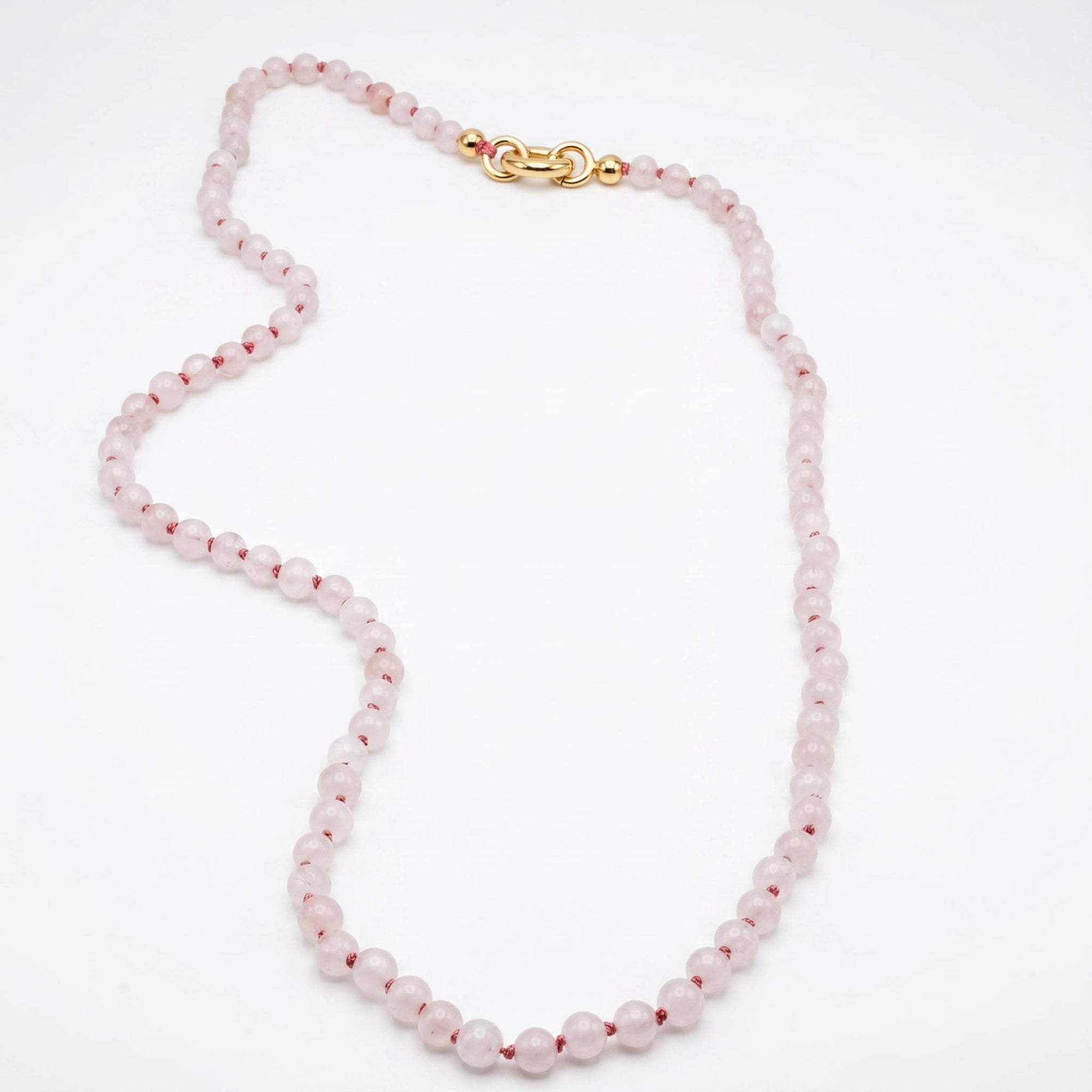 Pink Quartz Charm Holder Necklace, 4mm Smooth Round Gemstone Strand on Silk, Hand Knotted 18 Inch Necklace with Gold Filled Clip