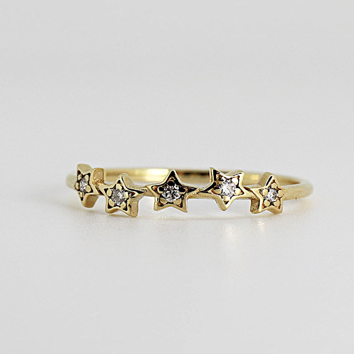 Diamond Star Ring 14k Gold – Five Star Celestial Wedding Band, Natural Diamond Stacking Ring, Dainty Gold Star Band Gift for Her - Melt'm Jewelry