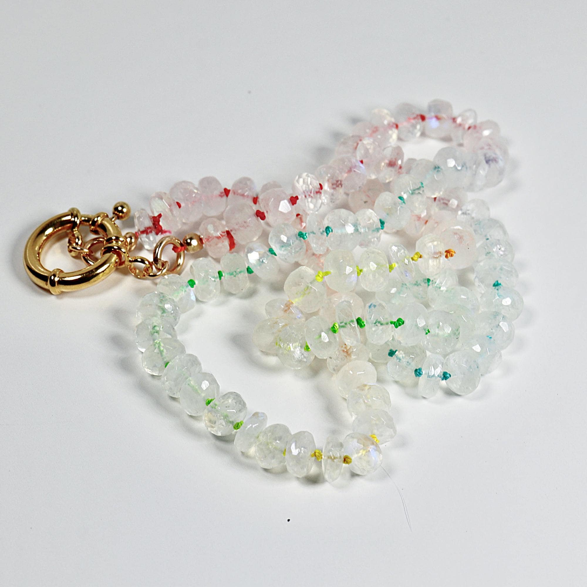 Hand Knotted Rondelle Moonstone Necklace on Rainbow Silk, Gold Filled Figure Eight Charm Holder