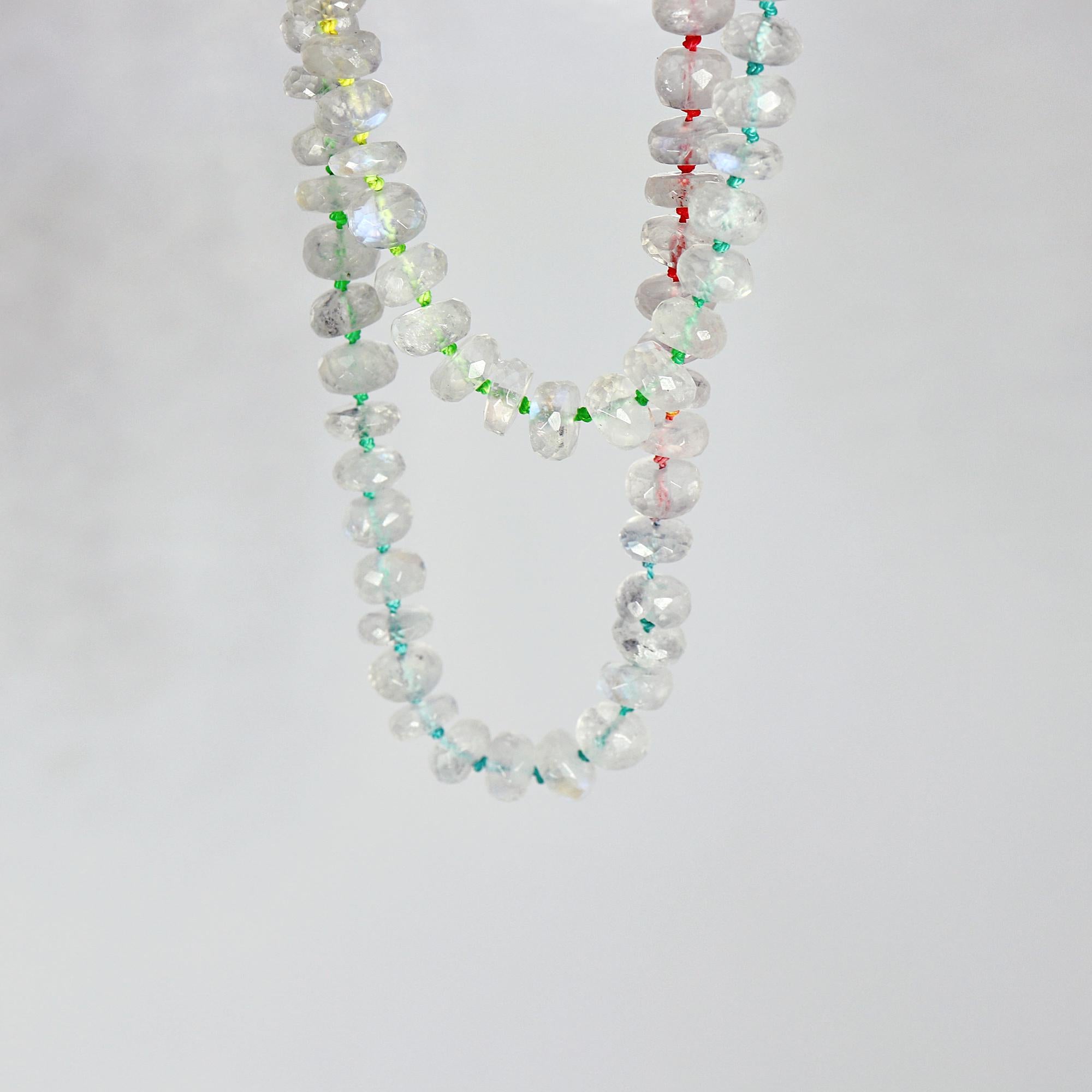 Hand Knotted Rondelle Moonstone Necklace on Rainbow Silk, Gold Filled Figure Eight Charm Holder