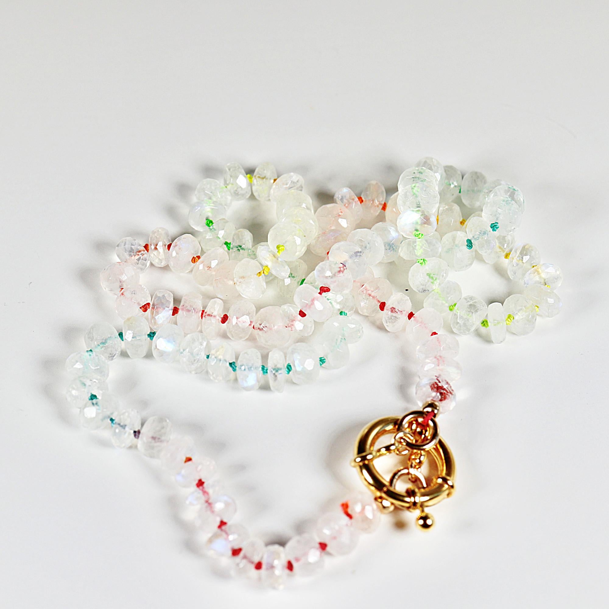 Hand Knotted Rondelle Moonstone Necklace on Rainbow Silk, Gold Filled Figure Eight Charm Holder