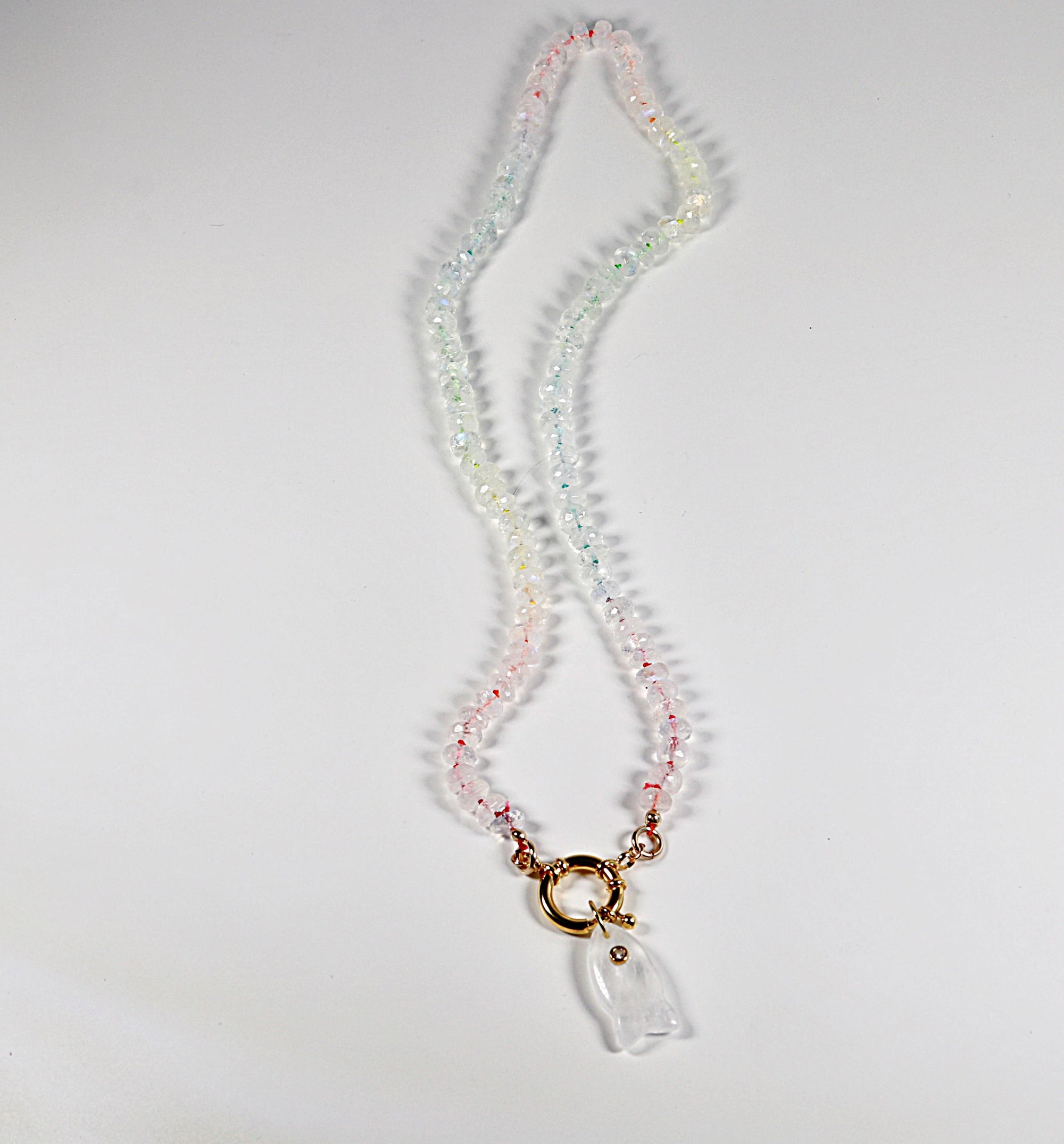 Hand Knotted Rondelle Moonstone Necklace on Rainbow Silk, Gold Filled Figure Eight Charm Holder