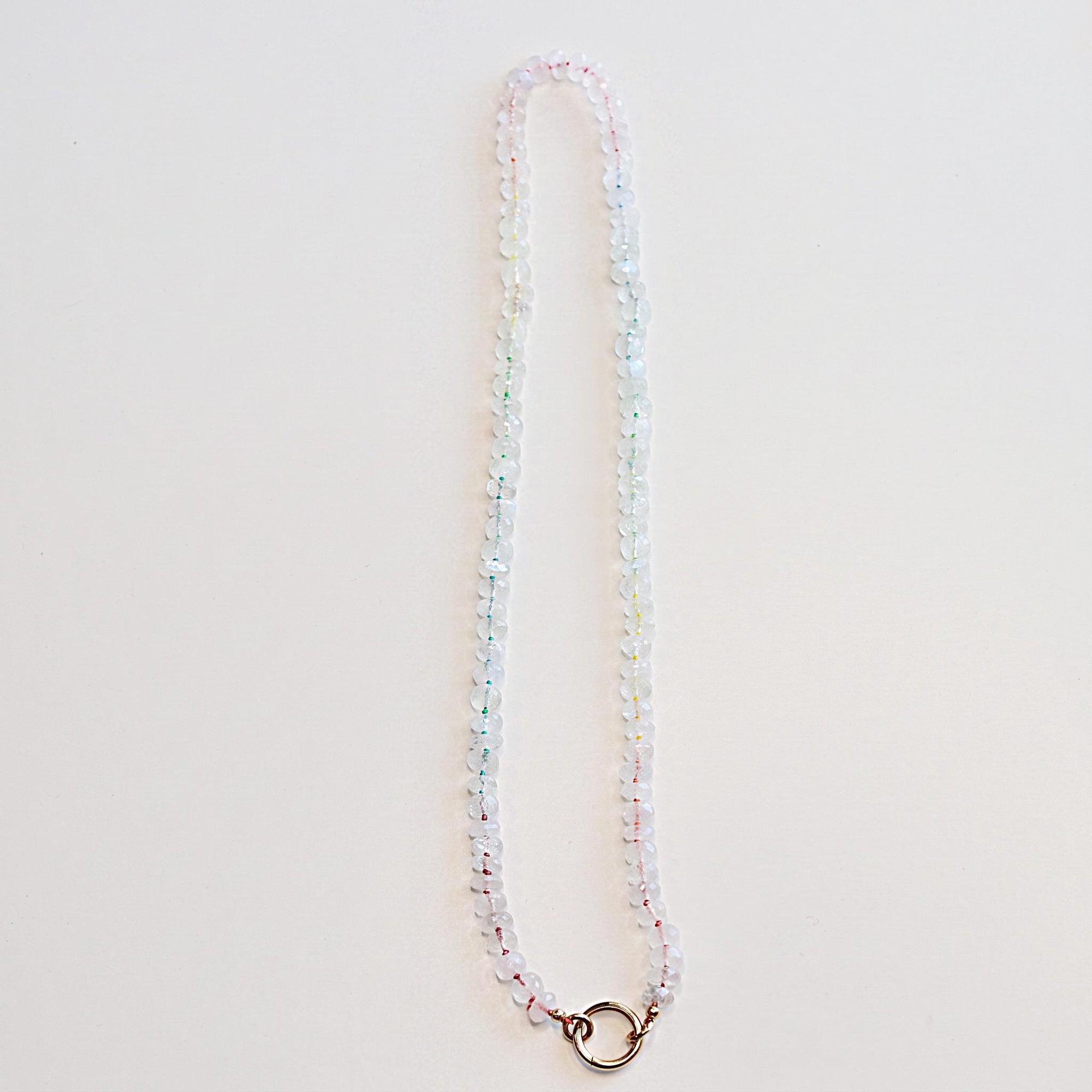 Hand Knotted Rondelle Moonstone Necklace on Rainbow Silk, Gold Filled Figure Eight Charm Holder