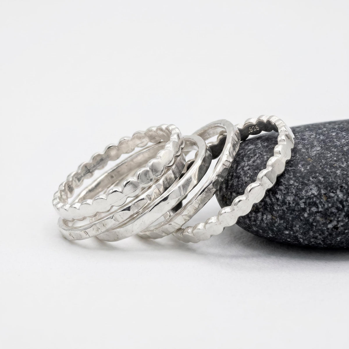 Stackable Ring Set of Five Hammered and Textured Silver Rings - Melt'm Jewelry