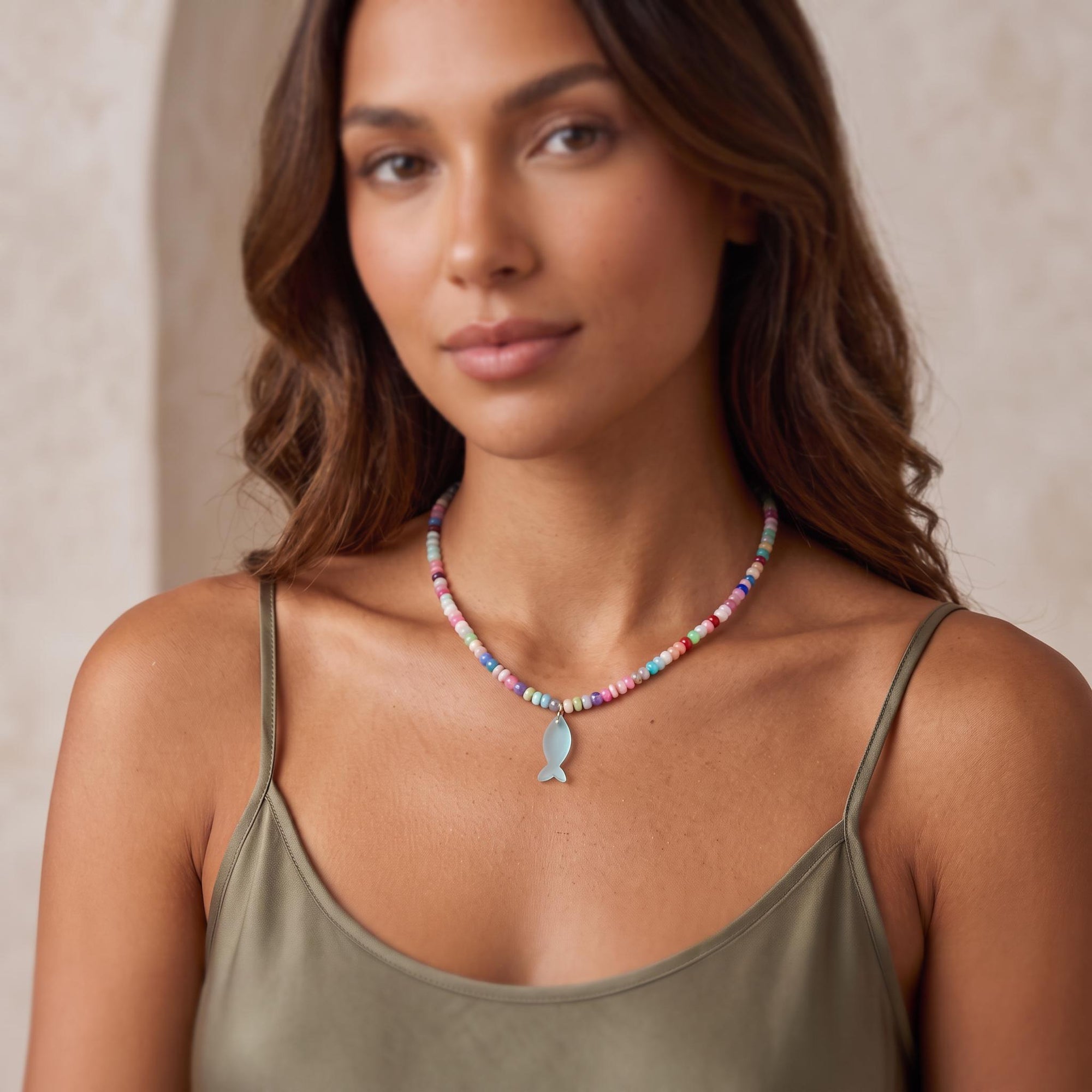 Disco Opal Silk Hand Knotted Necklace with Chalcedony Fish Charm, Gold Filled Lobster Clasp