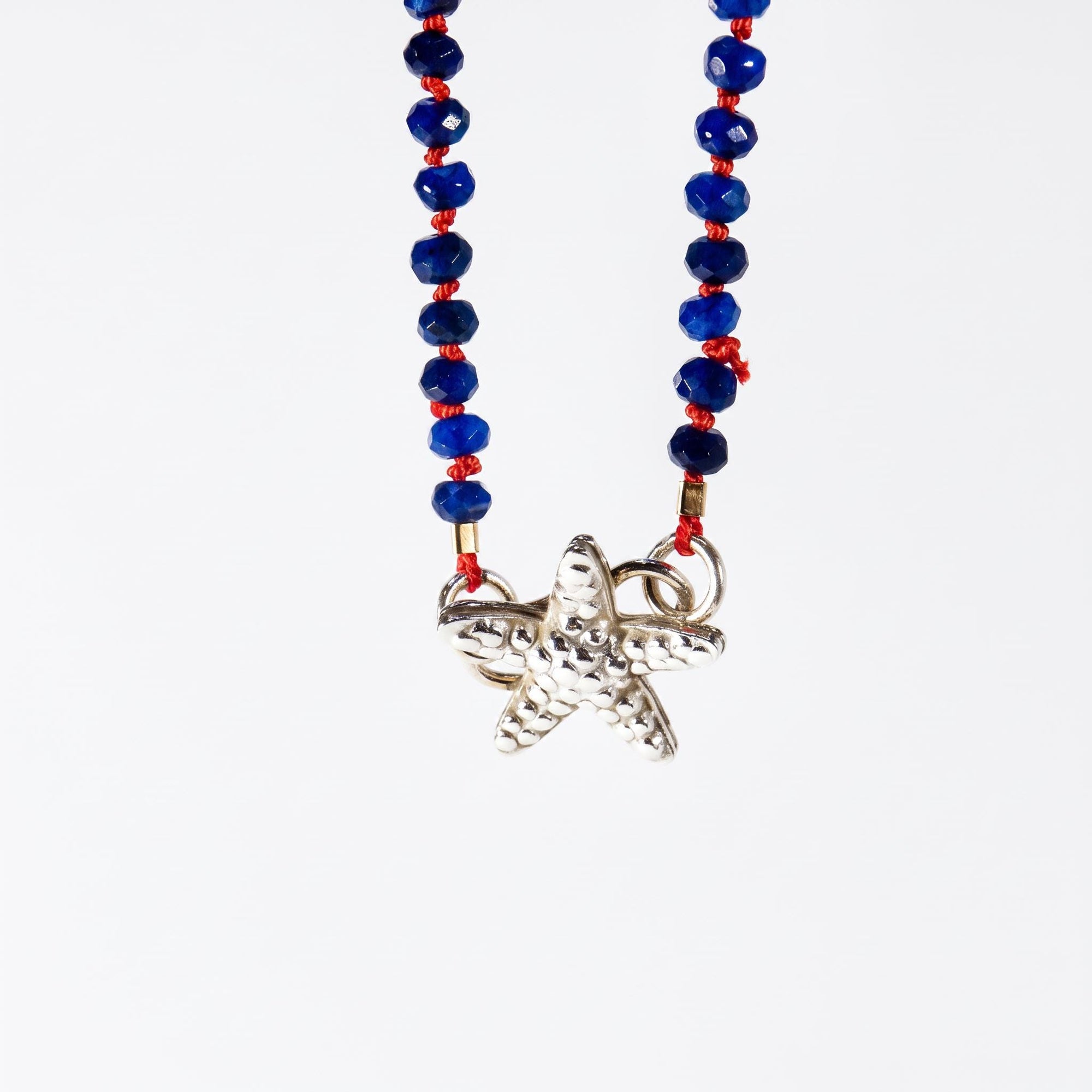 Lapis Lazuli Rondelle Necklace on Red Silk, 4.5mm Hand Knotted Strand with Sterling Silver Fish Star Clasp