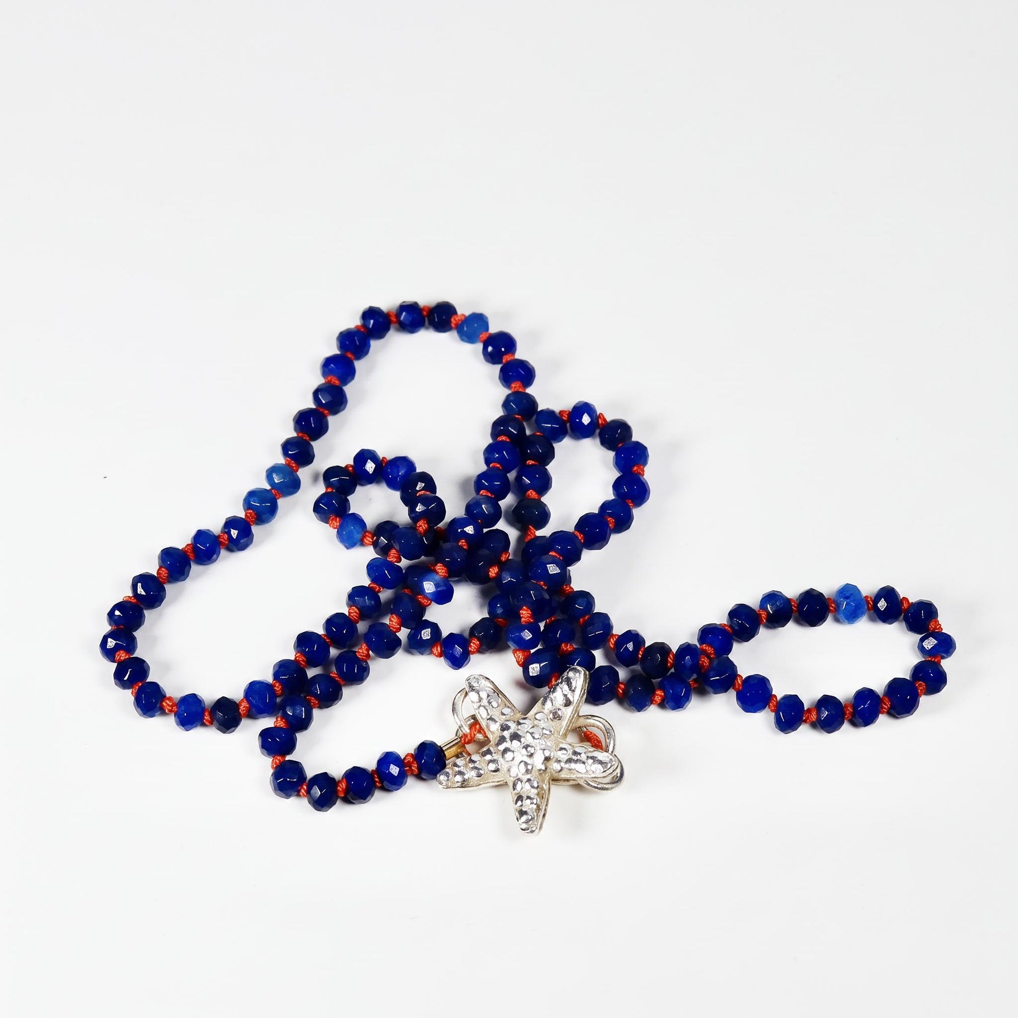 Lapis Lazuli Rondelle Necklace on Red Silk, 4.5mm Hand Knotted Strand with Sterling Silver Fish Star Clasp