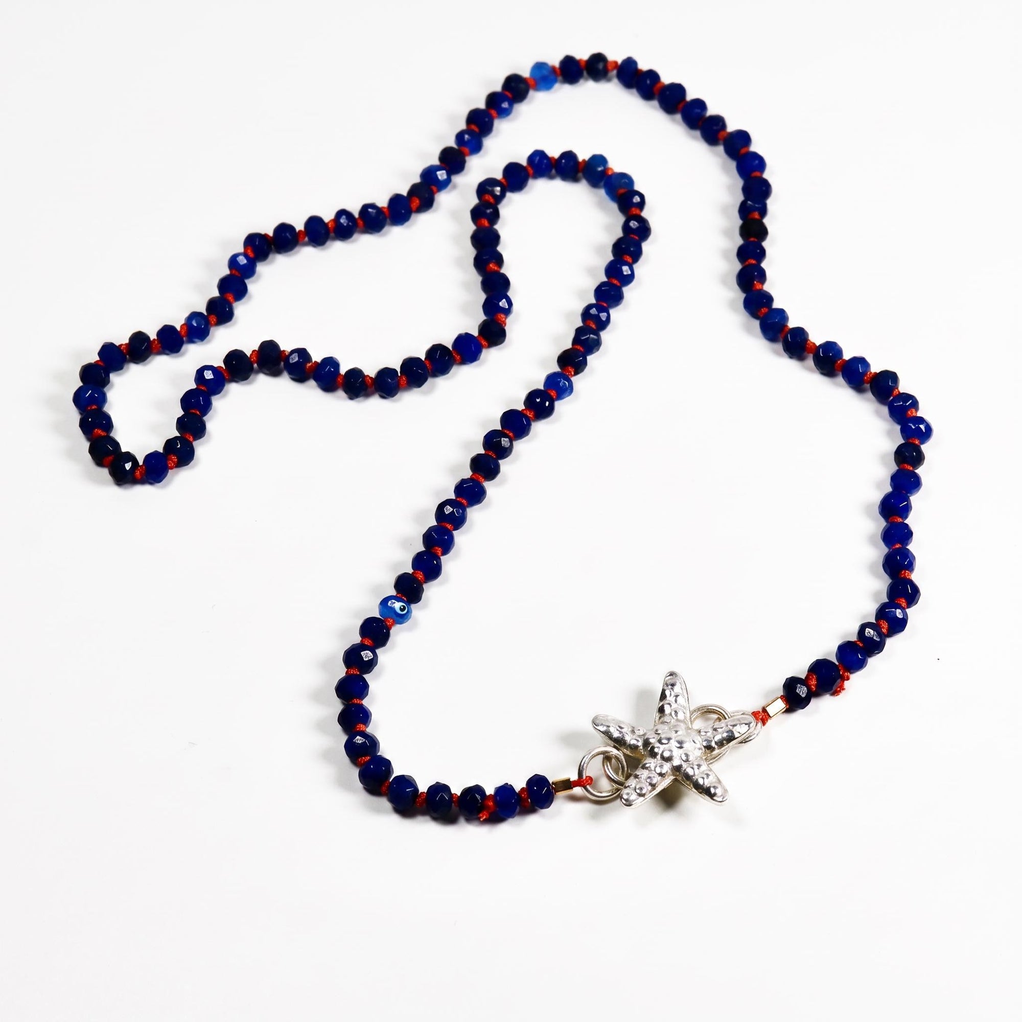 Lapis Lazuli Rondelle Necklace on Red Silk, 4.5mm Hand Knotted Strand with Sterling Silver Fish Star Clasp