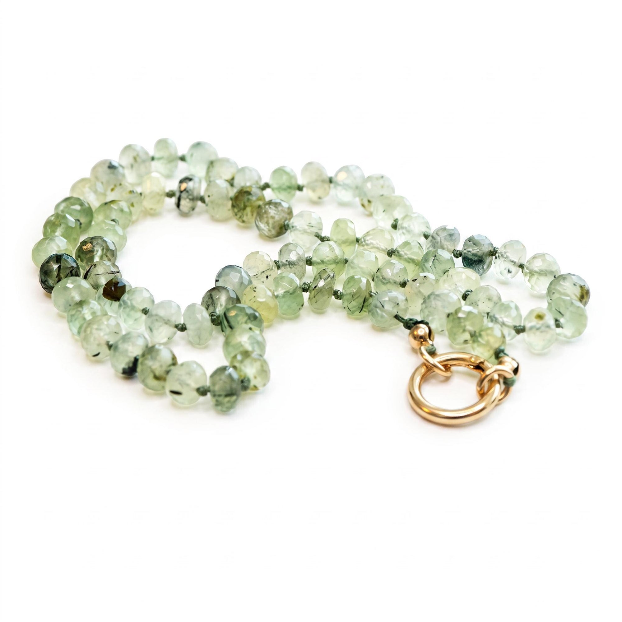 Green Prehnite Faceted Rondelle Necklace, 7mm Silk Hand Knotted 20" Strand with Gold Filled Figure Eight Charm Holder Clasp