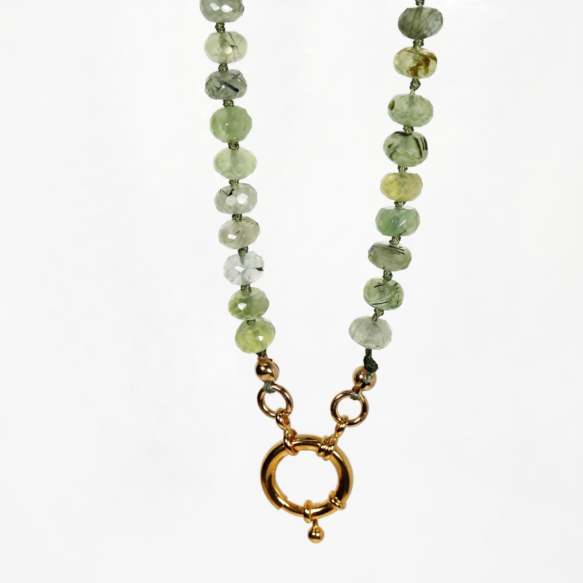 Green Prehnite Faceted Rondelle Necklace, 7mm Silk Hand Knotted 20" Strand with Gold Filled Figure Eight Charm Holder Clasp