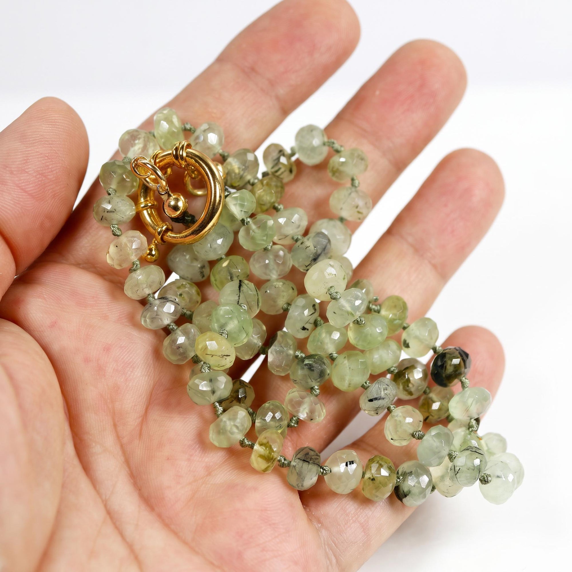 Green Prehnite Faceted Rondelle Necklace, 7mm Silk Hand Knotted 20" Strand with Gold Filled Figure Eight Charm Holder Clasp
