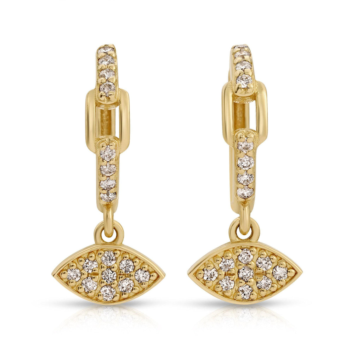 A pair of gold huggie hoop earrings with pave diamonds on the front, each dangling a gold evil eye charm with pave diamonds.