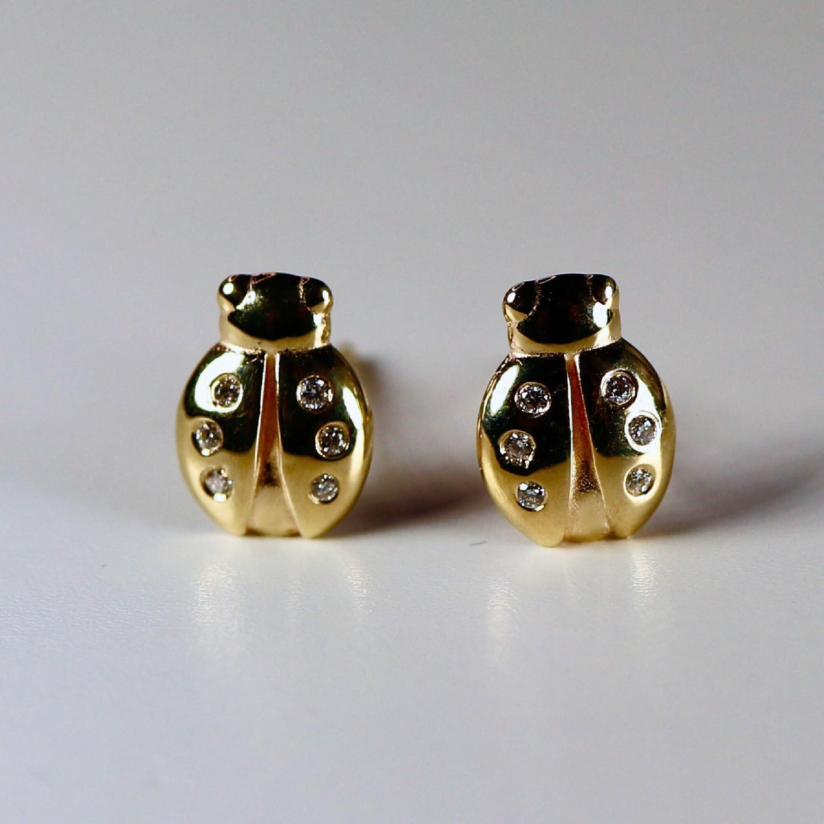 Diamond Lady Bug Stud Earrings in 14k Gold - Melt'm Jewelry
