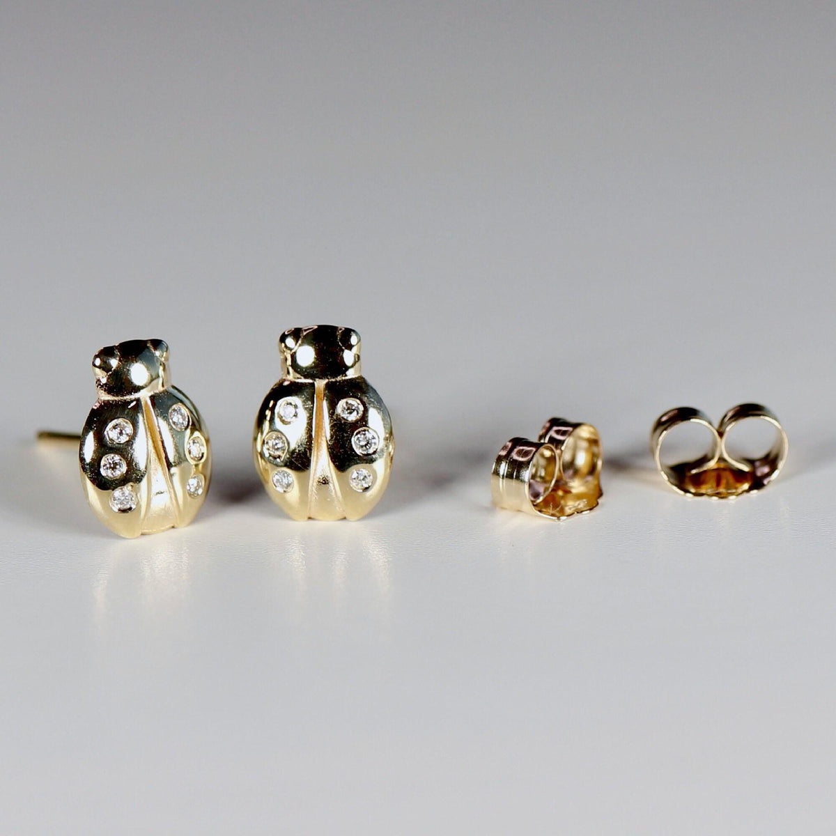 Diamond Lady Bug Stud Earrings in 14k Gold - Melt'm Jewelry