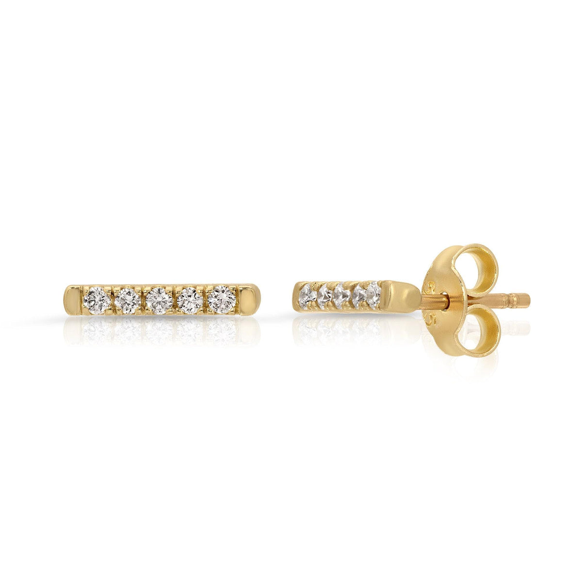 Two gold bar stud earrings, each with five small clear stones, one shown from the front and one from the side with its post.