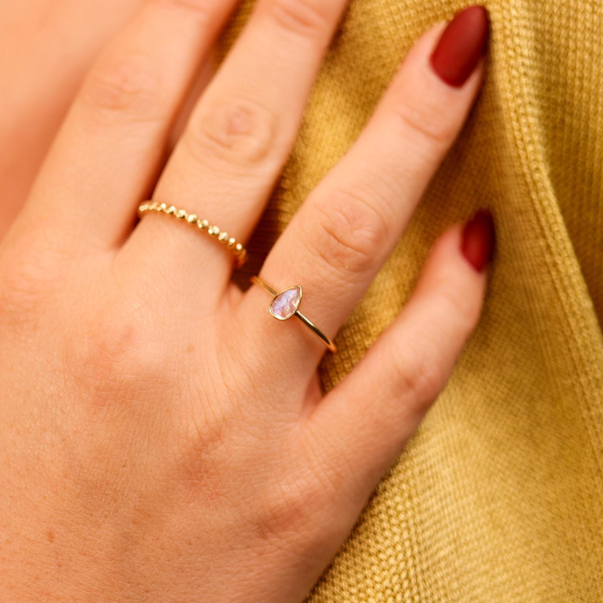 14k Solid Gold Beaded Ring, Skinny Hammered Beaded Stacking Ring - Melt'm Jewelry