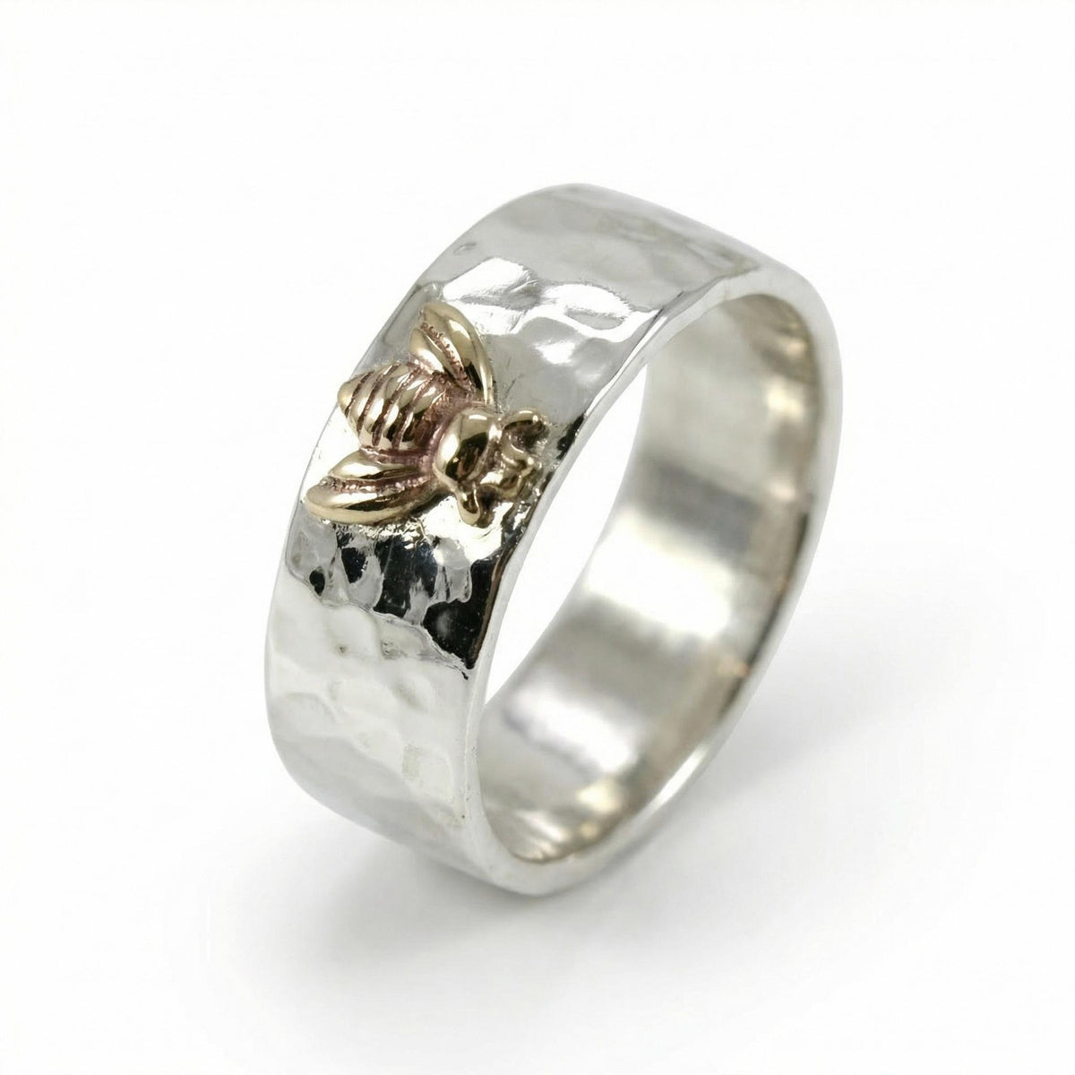 Honey Bee Ring, Sterling Silver Hammered Band and Gold Bee Ring - Melt'm Jewelry