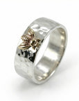 Honey Bee Ring, Sterling Silver Hammered Band and Gold Bee Ring - Melt'm Jewelry