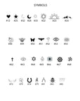 A chart titled "SYMBOLS" displaying 24 small black line art symbols with corresponding numbers, including a heart, star, moon, and sun.