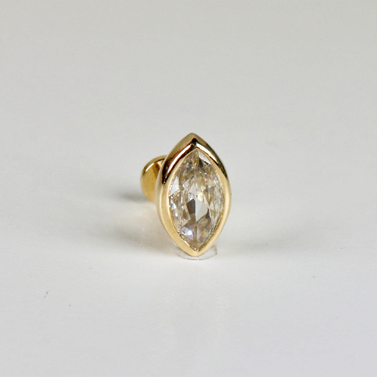 Marquise CZ Simulated Diamond Bezel Earring 14k Solid Gold (SINGLE OR PAIR), Flat Back Internally Threaded Earring - Melt'm Jewelry