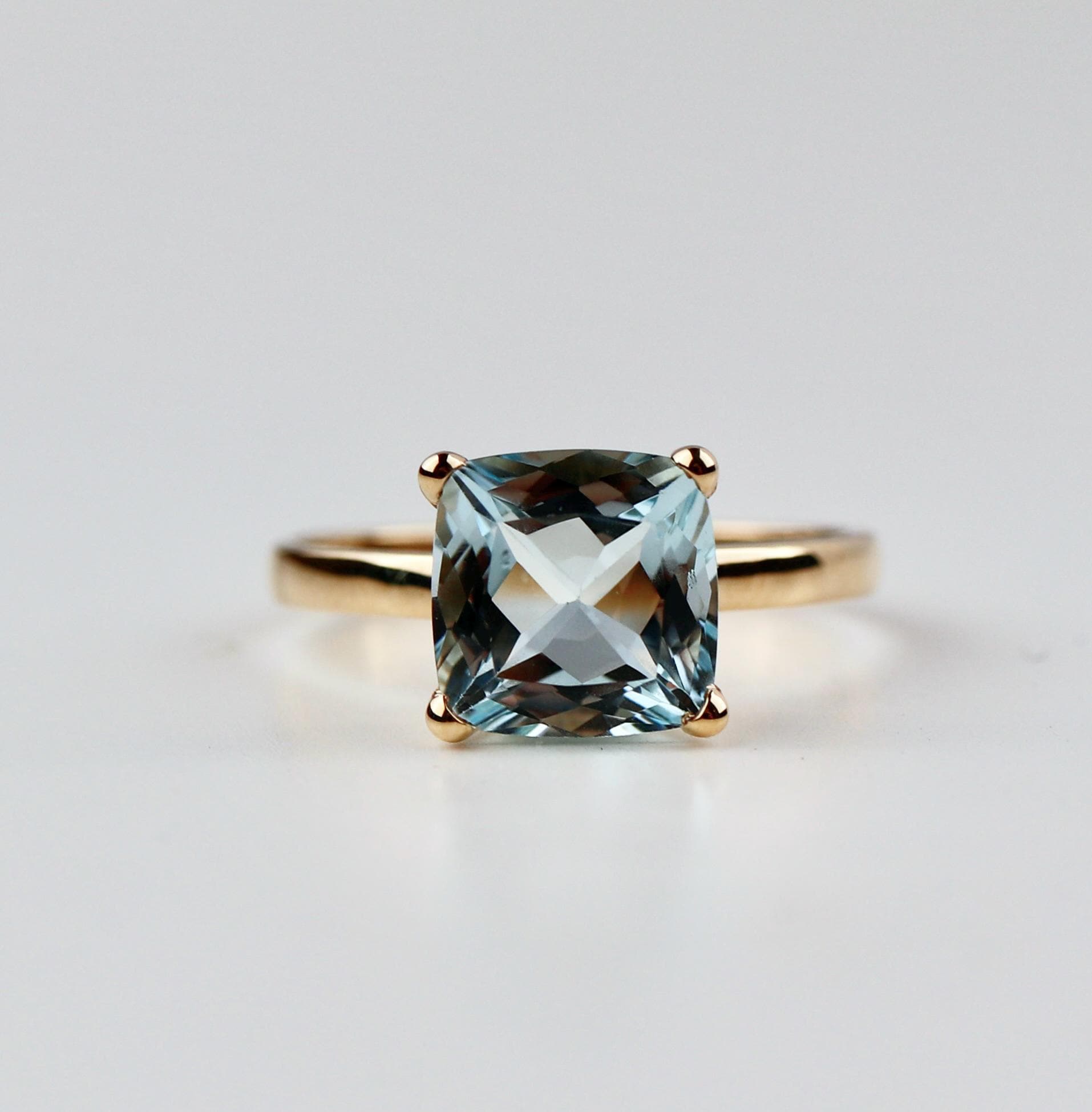Cushion Cut Aquamarine Solitaire Ring, 2.3 Carat 8mm March Birthstone in 14K Gold, Four Prong Basket Setting - Melt'm Jewelry