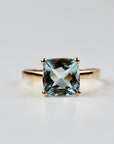 Cushion Cut Aquamarine Solitaire Ring, 2.3 Carat 8mm March Birthstone in 14K Gold, Four Prong Basket Setting - Melt'm Jewelry