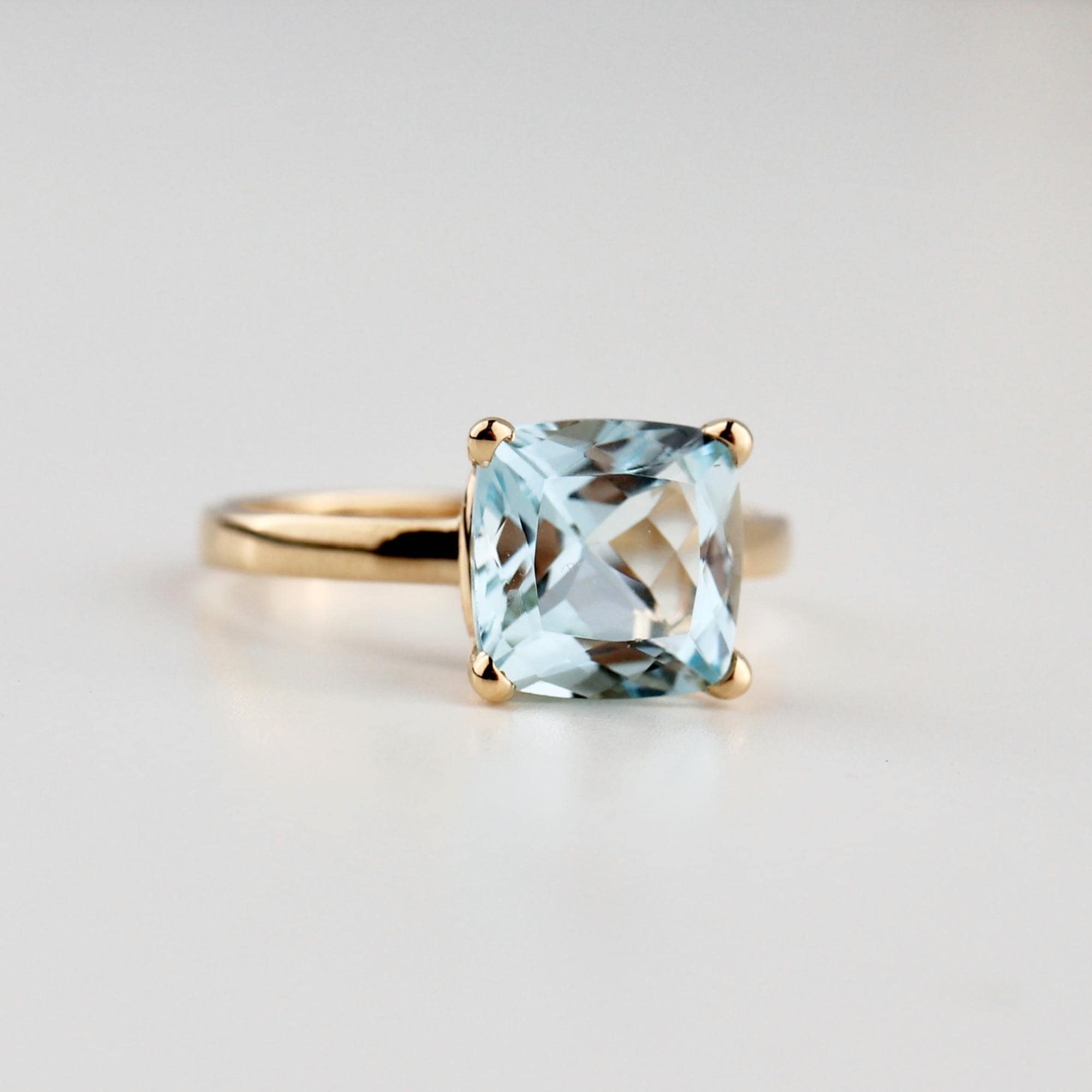 Cushion Cut Aquamarine Solitaire Ring, 2.3 Carat 8mm March Birthstone in 14K Gold, Four Prong Basket Setting - Melt'm Jewelry