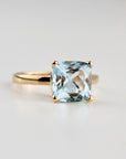 Cushion Cut Aquamarine Solitaire Ring, 2.3 Carat 8mm March Birthstone in 14K Gold, Four Prong Basket Setting - Melt'm Jewelry