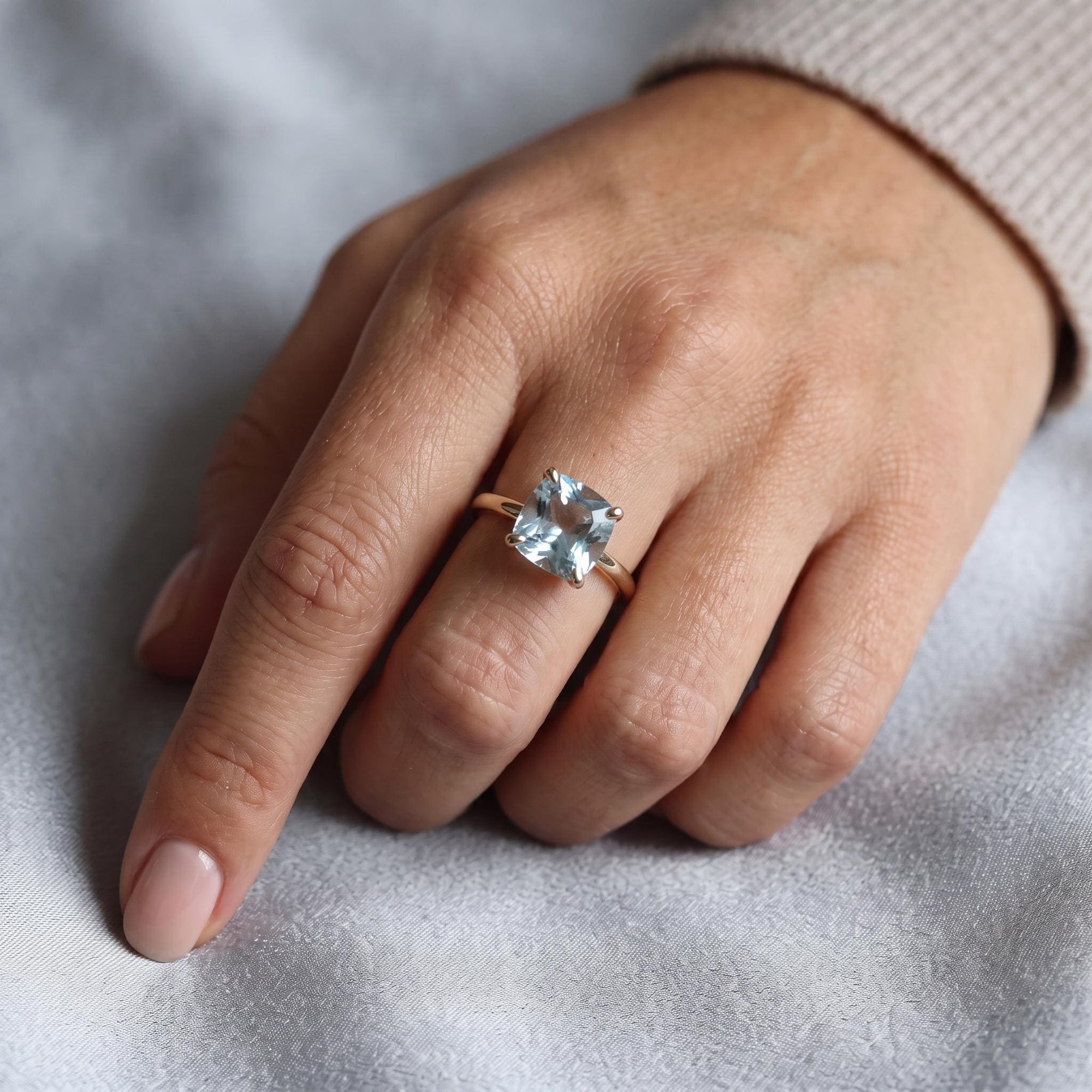 Cushion Cut Aquamarine Solitaire Ring, 2.3 Carat 8mm March Birthstone in 14K Gold, Four Prong Basket Setting - Melt'm Jewelry