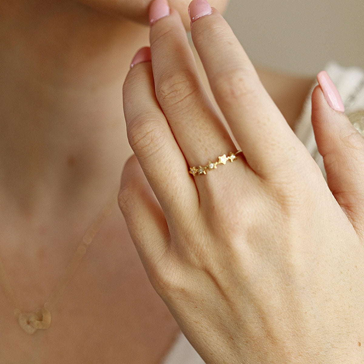 Diamond Star Ring 14k Gold – Five Star Celestial Wedding Band, Natural Diamond Stacking Ring, Dainty Gold Star Band Gift for Her - Melt'm Jewelry