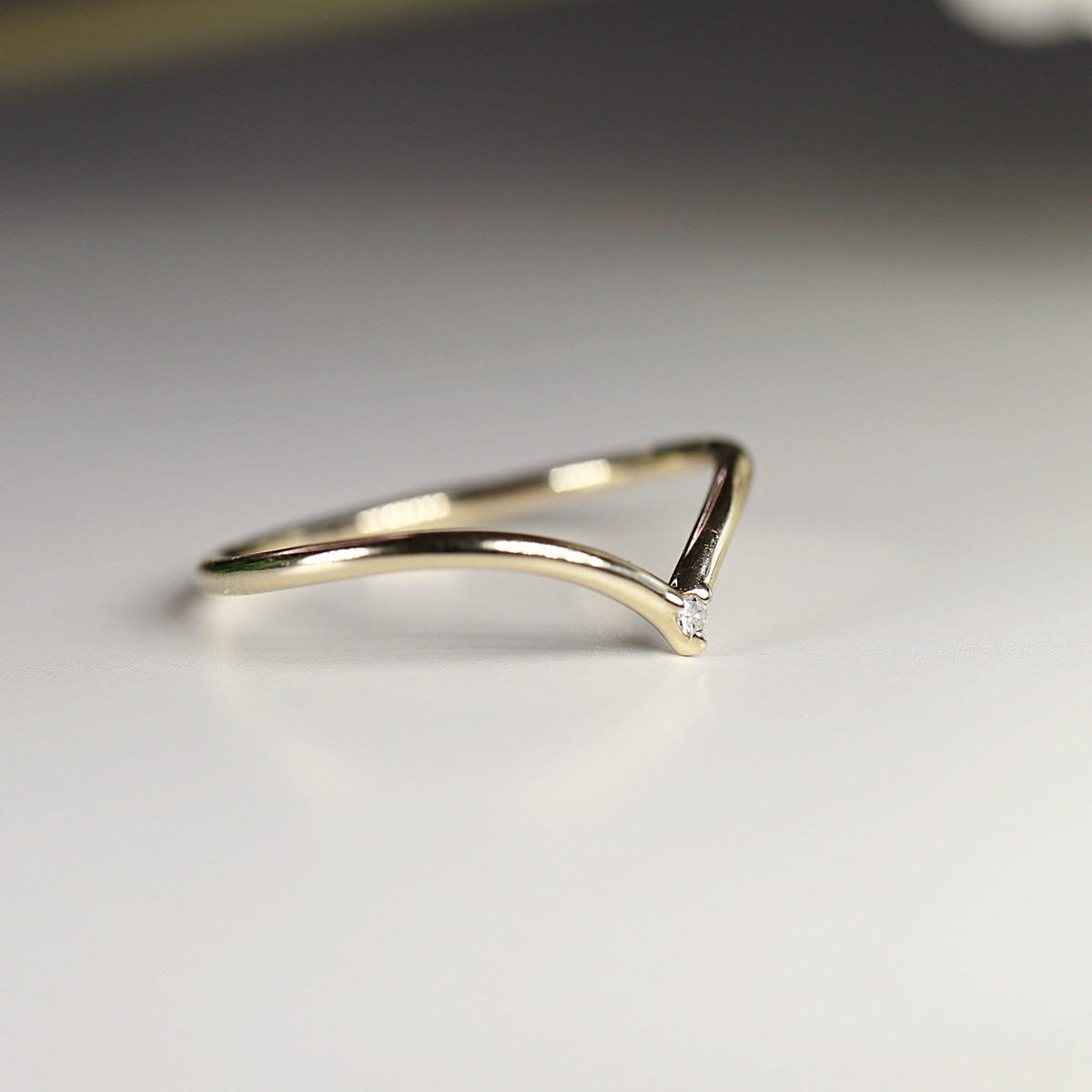 14k Solid Gold Dainty V Diamond Wedding Band - Melt'm Jewelry