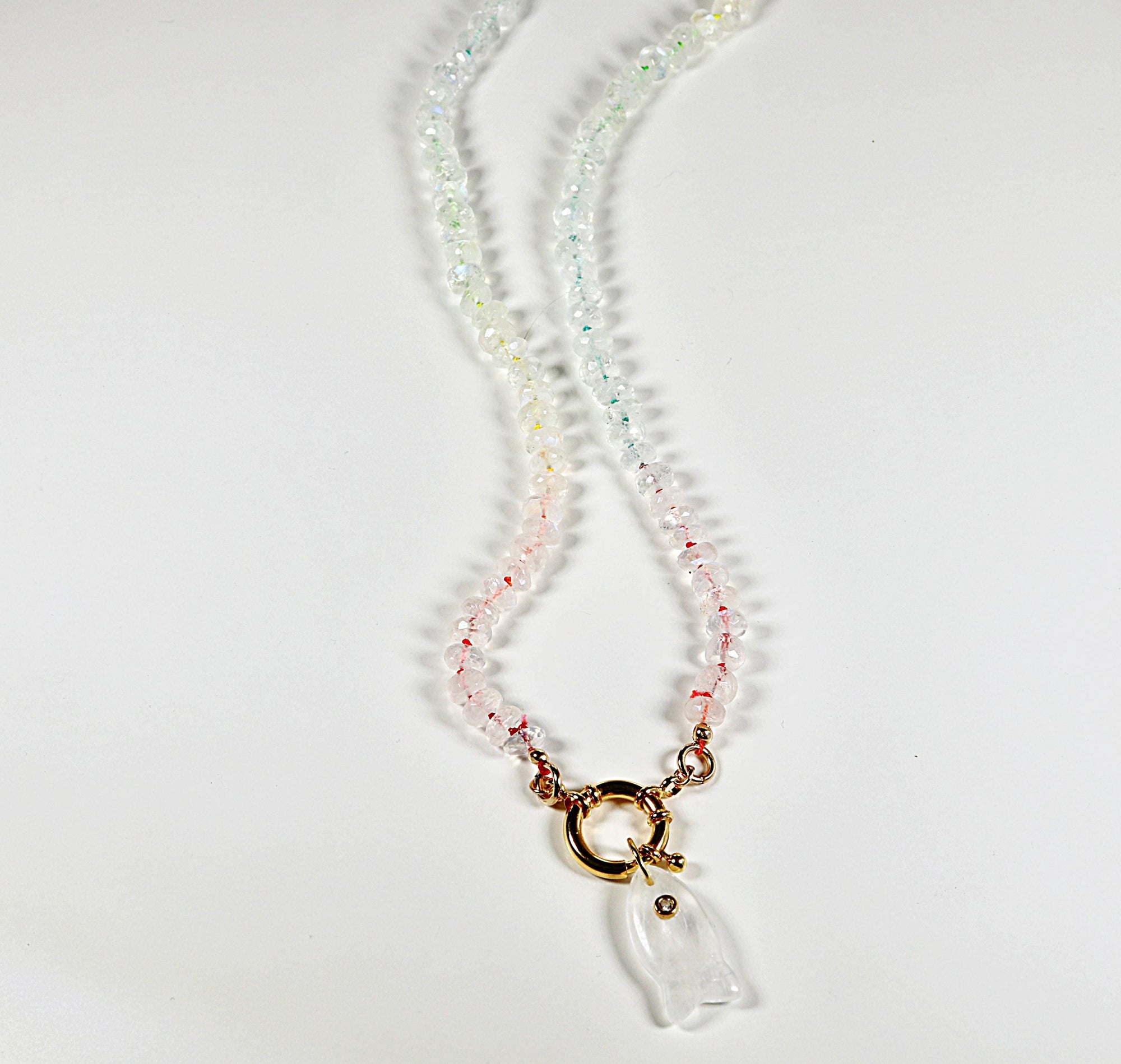 Hand Knotted Rondelle Moonstone Necklace on Rainbow Silk, Gold Filled Figure Eight Charm Holder